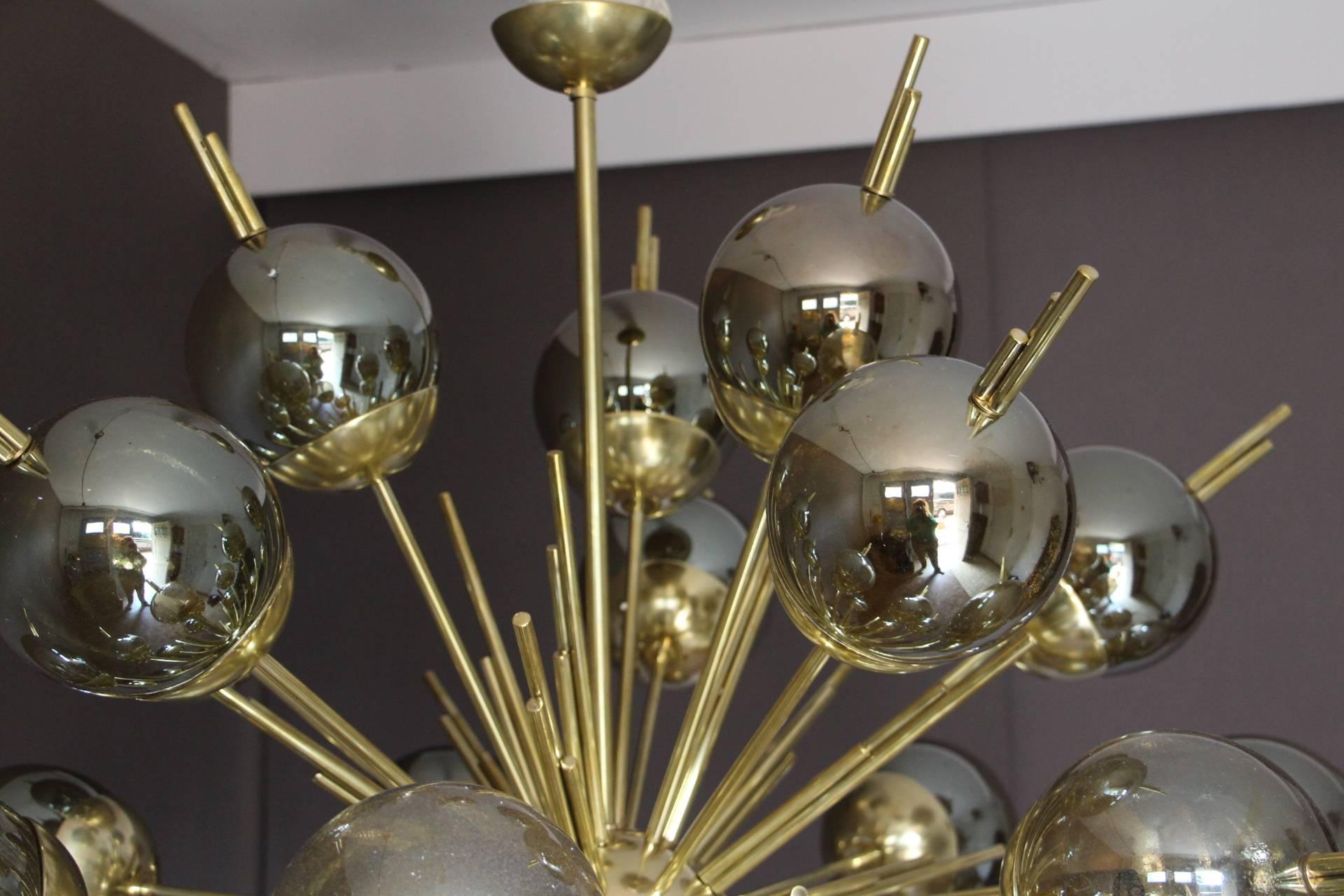 Brass, Golden and Mercury Murano Glass Globes Sputnik Chandelier 2