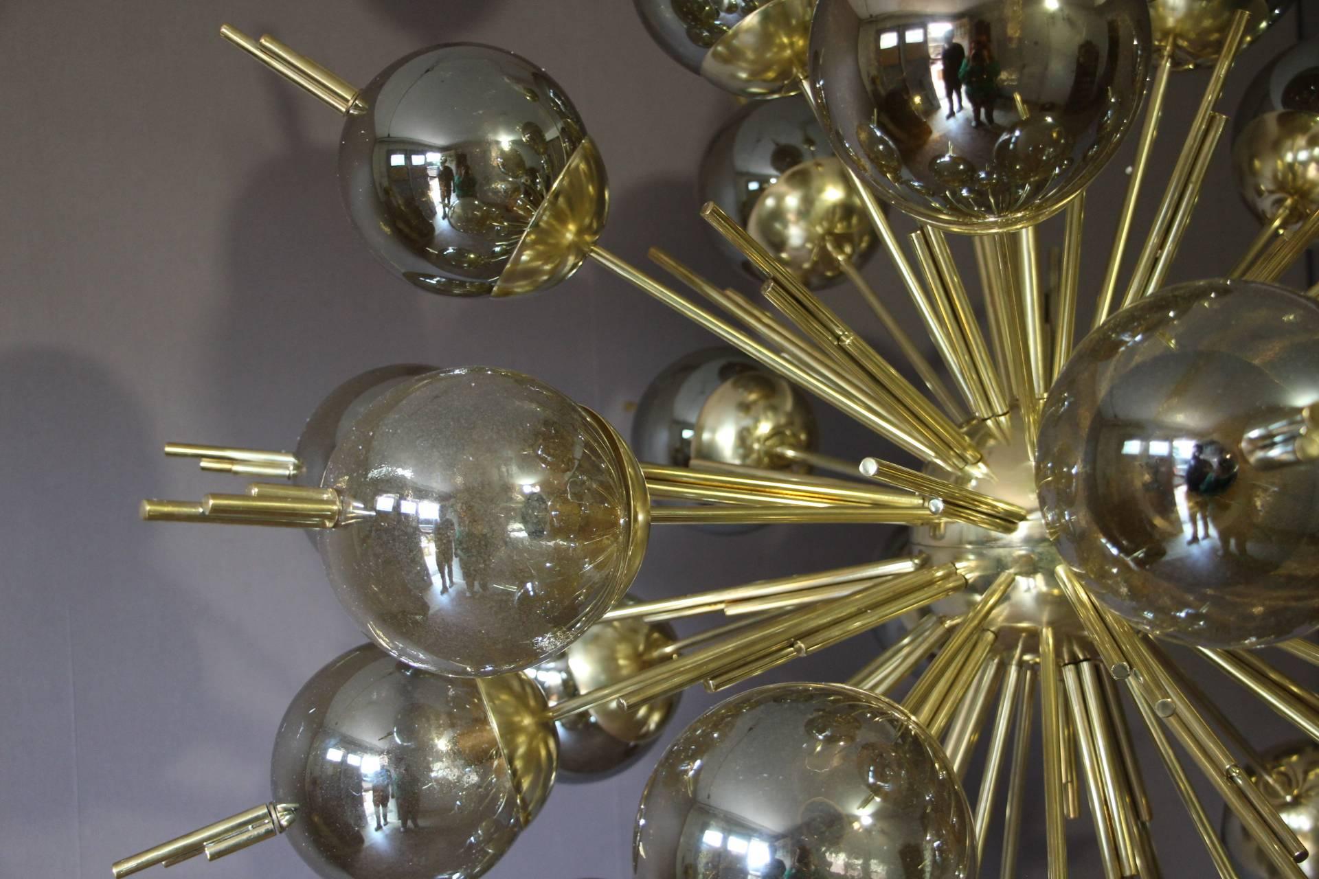 Brass, Golden and Mercury Murano Glass Globes Sputnik Chandelier 3