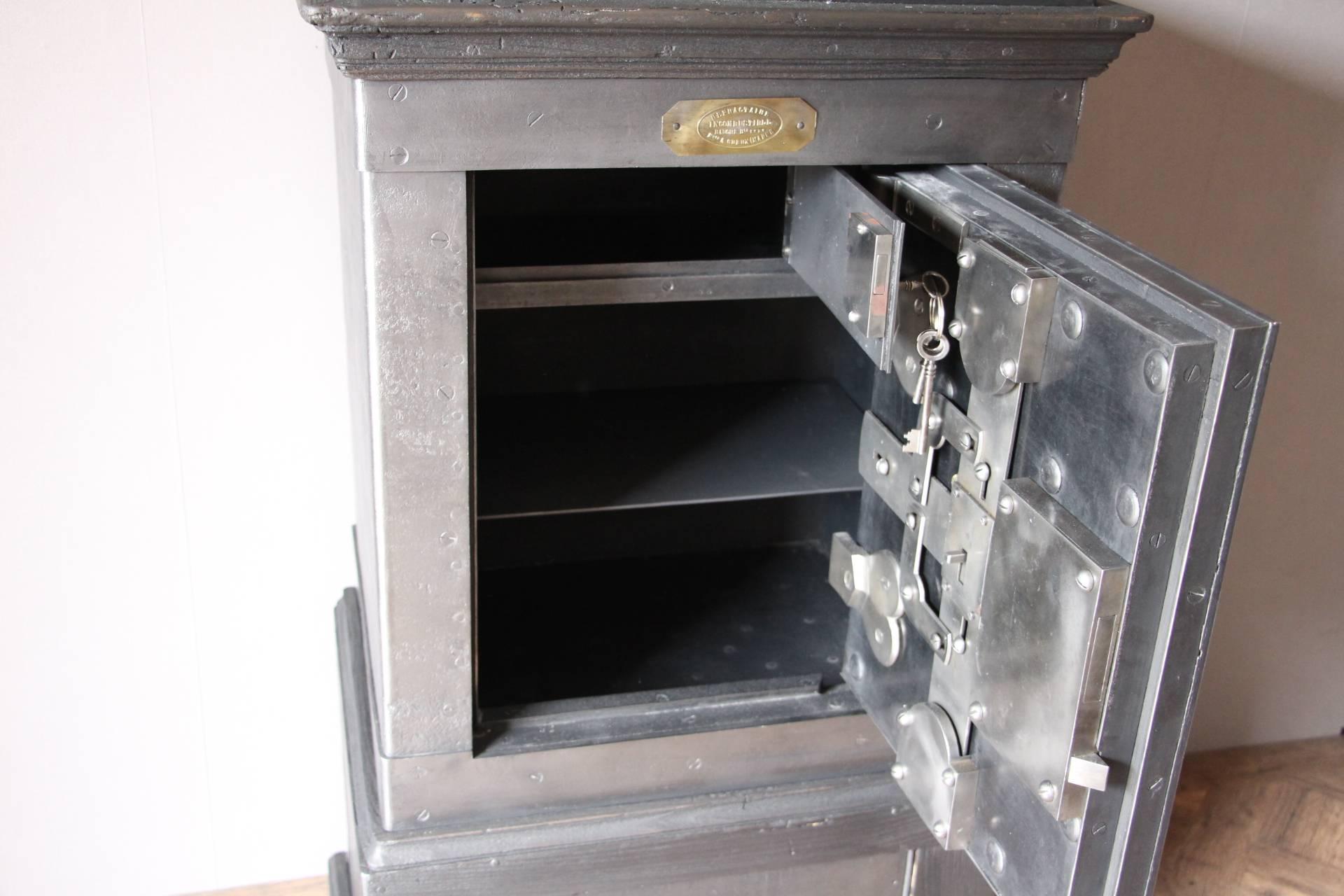 French Black Steel, Iron and Wood Safe with All Keys and Working Combination by Bauche