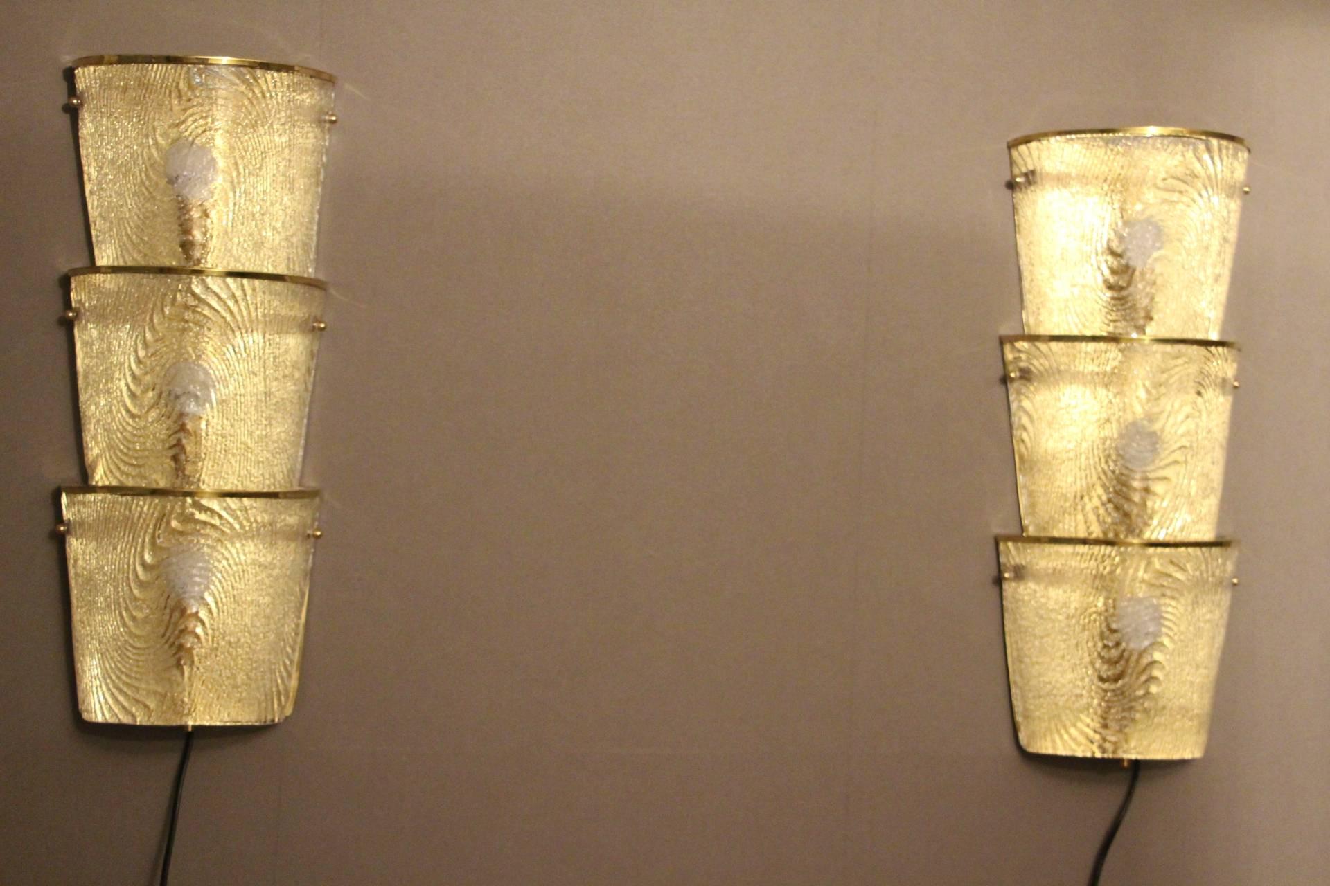 Mid-Century Modern Pair of Italian Sconces in White Murano Glass and Brass