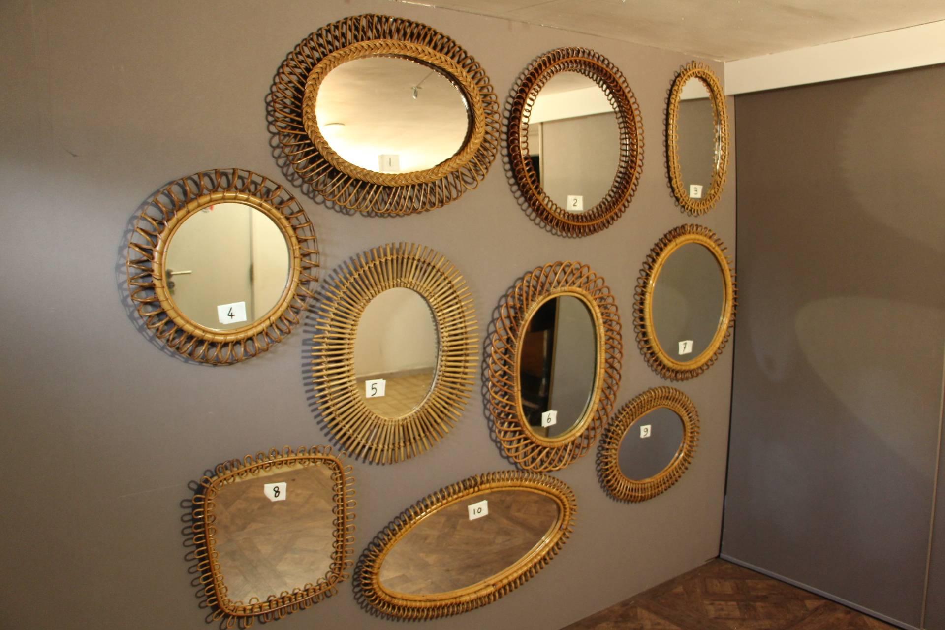A series of ten pieces of 1960s-1970s vintage rattan wall mirrors, different sizes and shapes.
Each piece is in excellent condition.

Mentioned dimensions are not exact, depending on each piece....

Mentioned price is for the whole set.