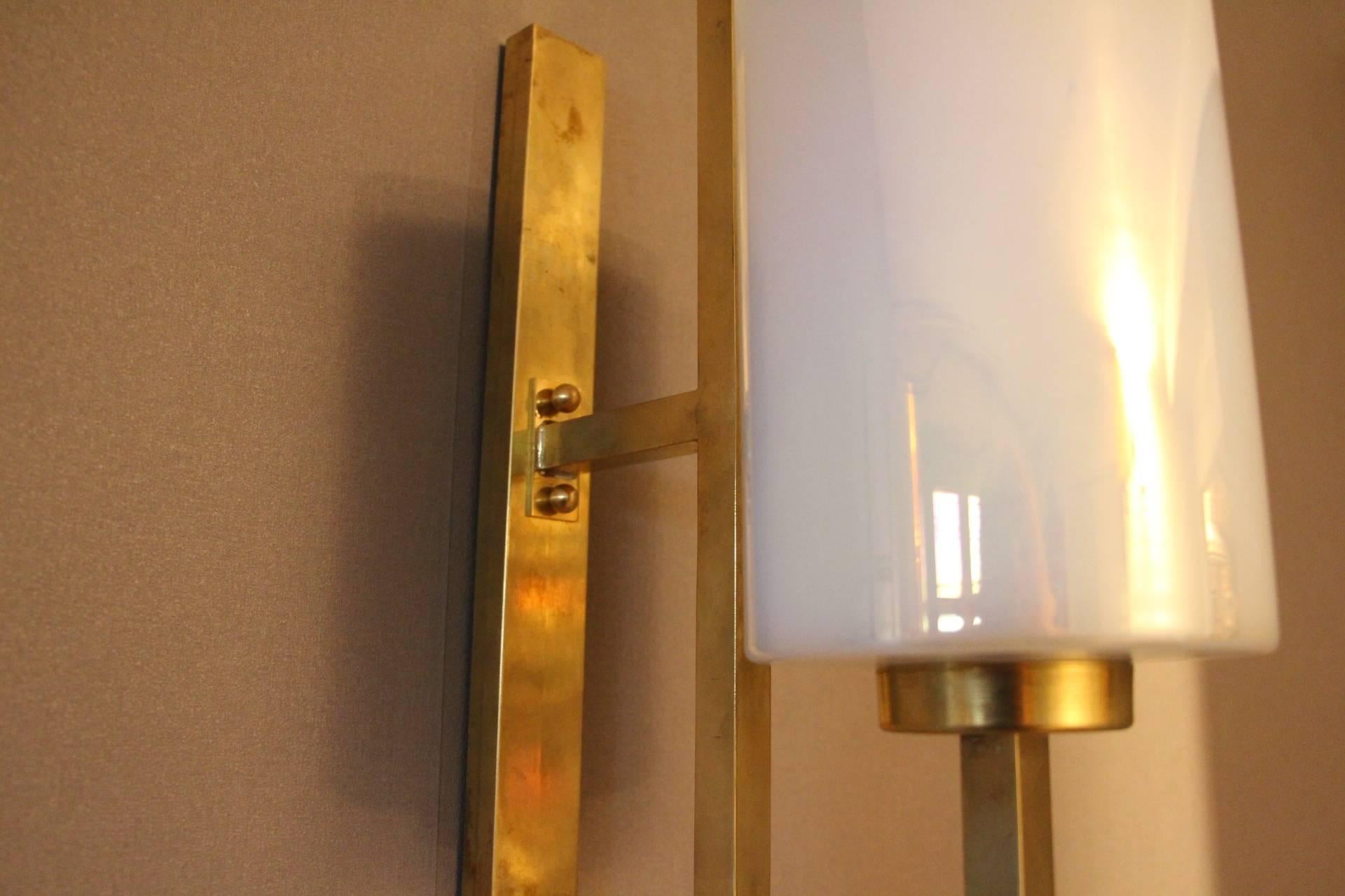 Pair of White Murano Glass and Brass Sconces, Iridescent and Pearly Cylinder 4
