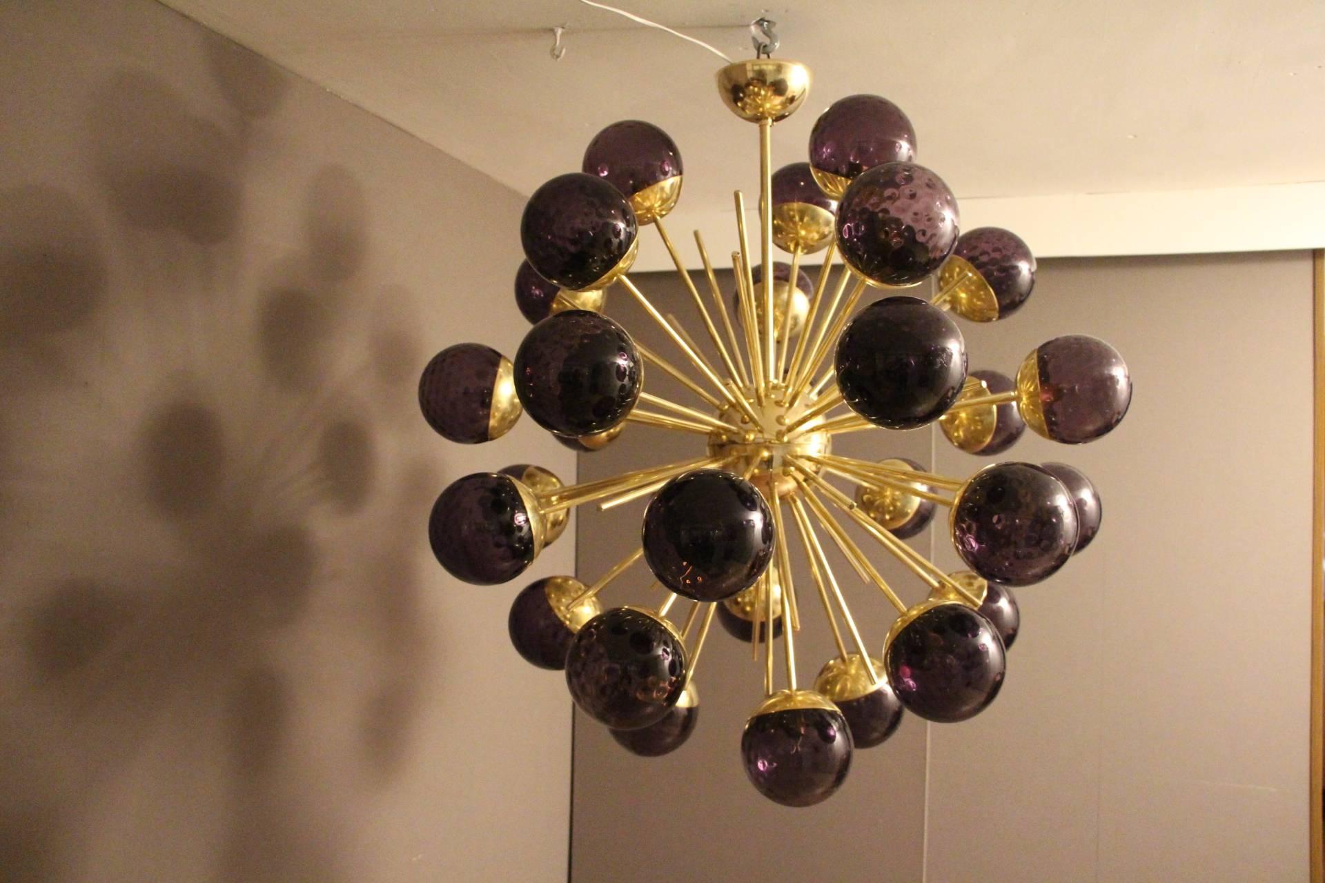 Contemporary Midcentury Style Italian Sputnik Brass and Purple Murano Chandelier
