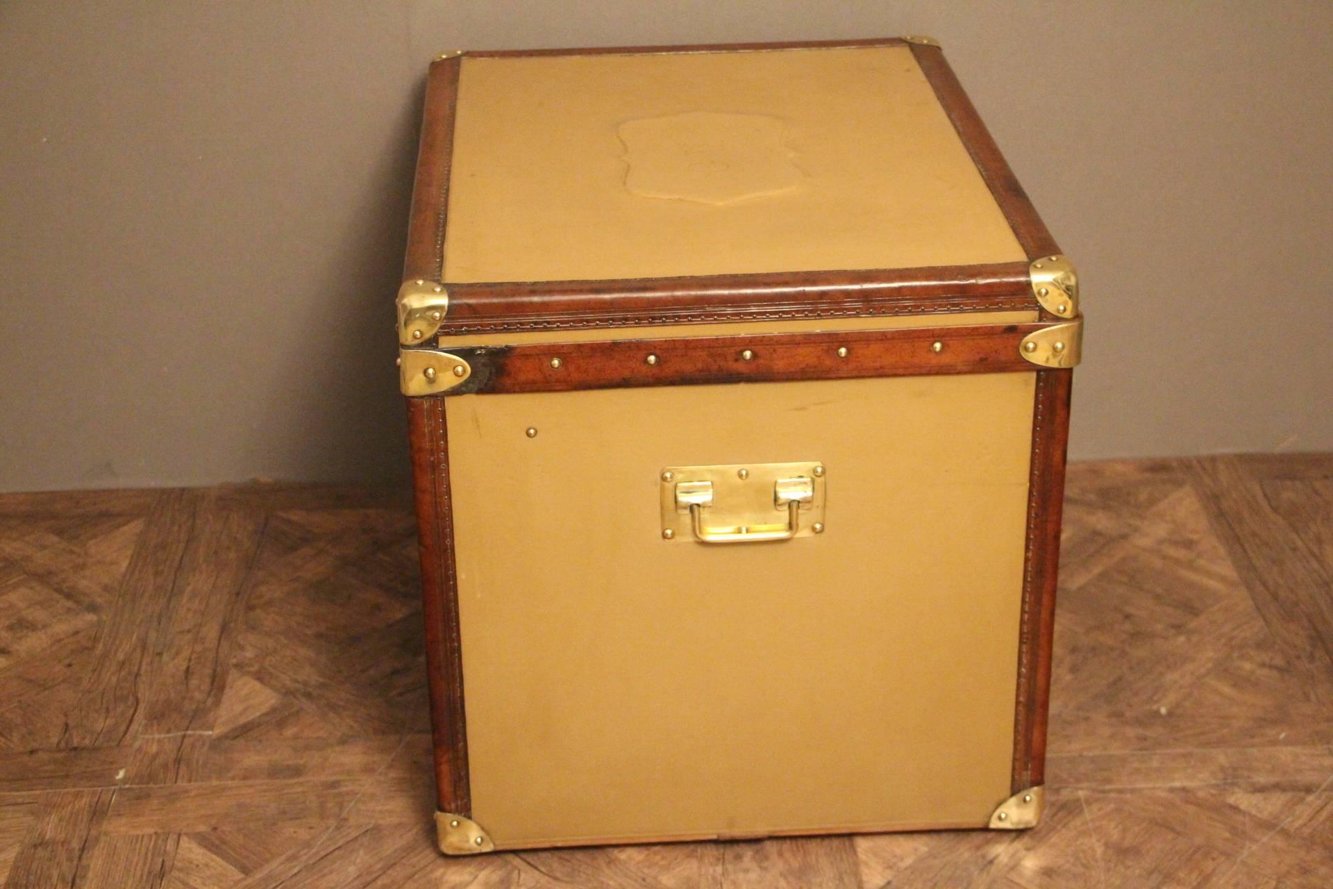 Brass 1930s Beige Canvas Steamer Trunk in the Style of Louis Vuitton or Hermes