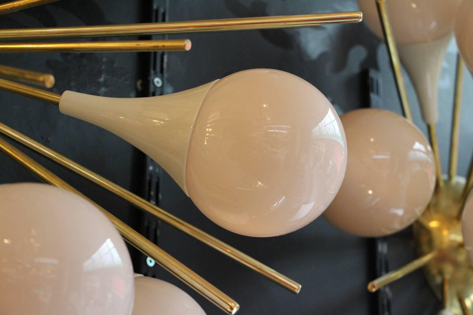 Brass Pair of Half Sputnik Sconces in Light Pink-Beige Murano Glass, Flower Shape