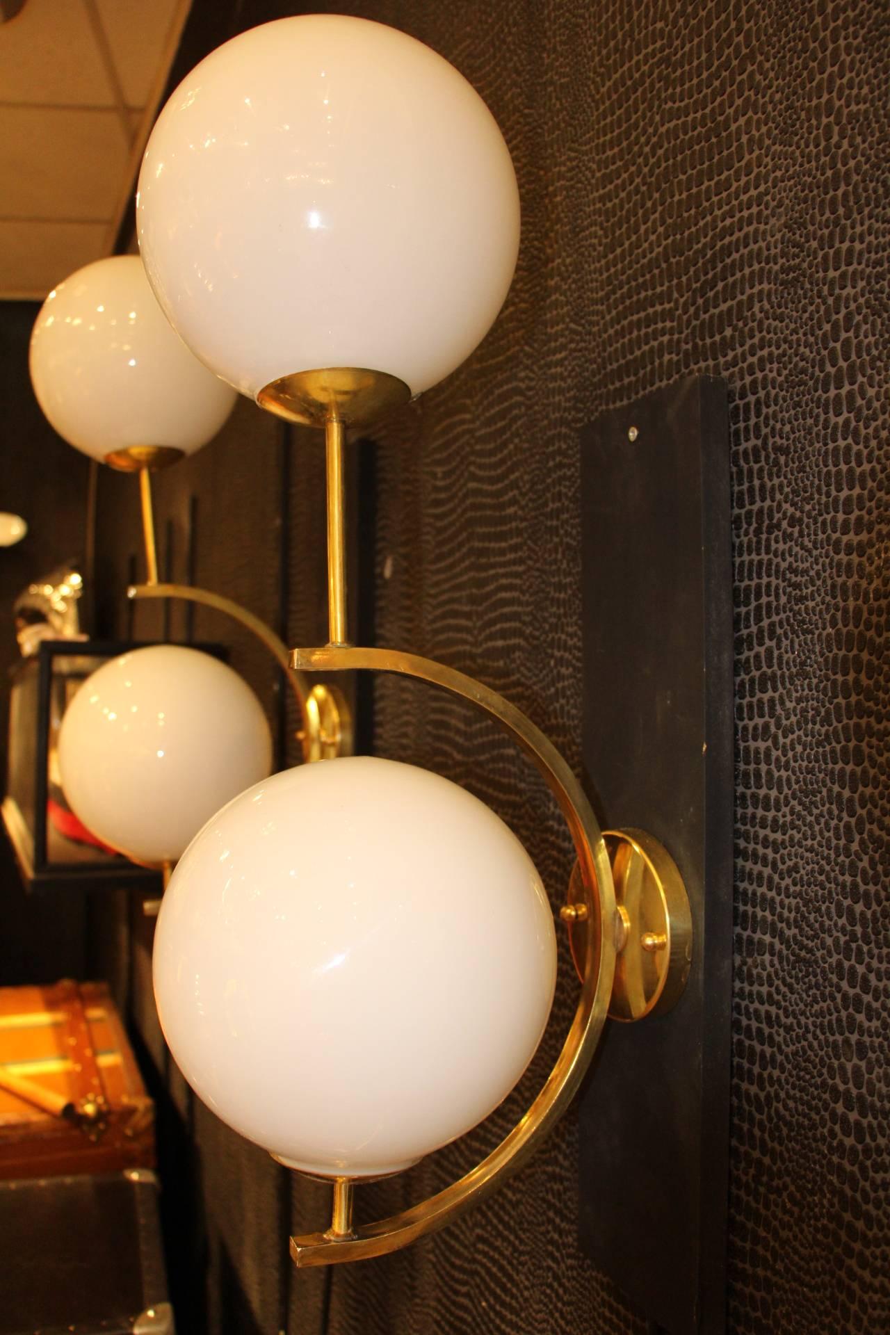 Late 20th Century Italian Modern Midcentury Pair of Brass and White Glass Sconces