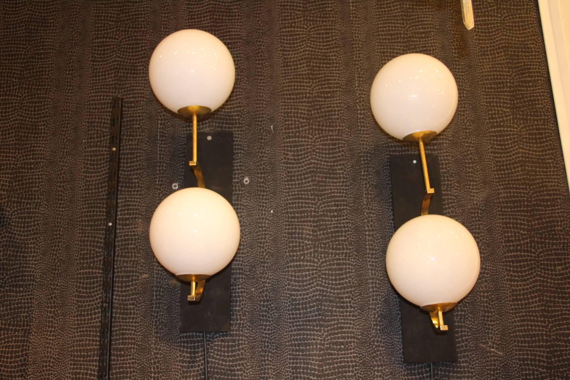 Italian Modern Midcentury Pair of Brass and White Glass Sconces 1