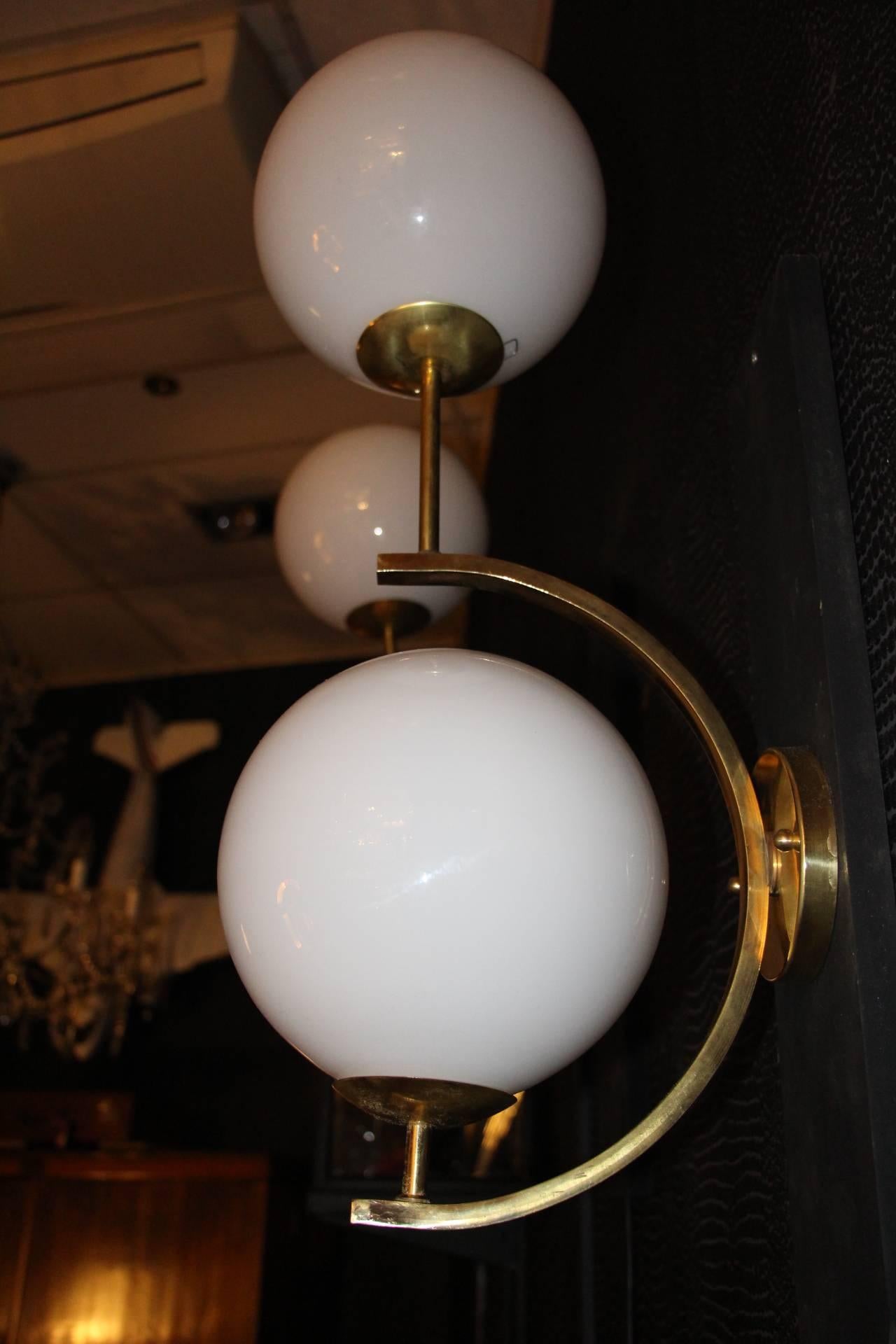 Italian Modern Midcentury Pair of Brass and White Glass Sconces 3