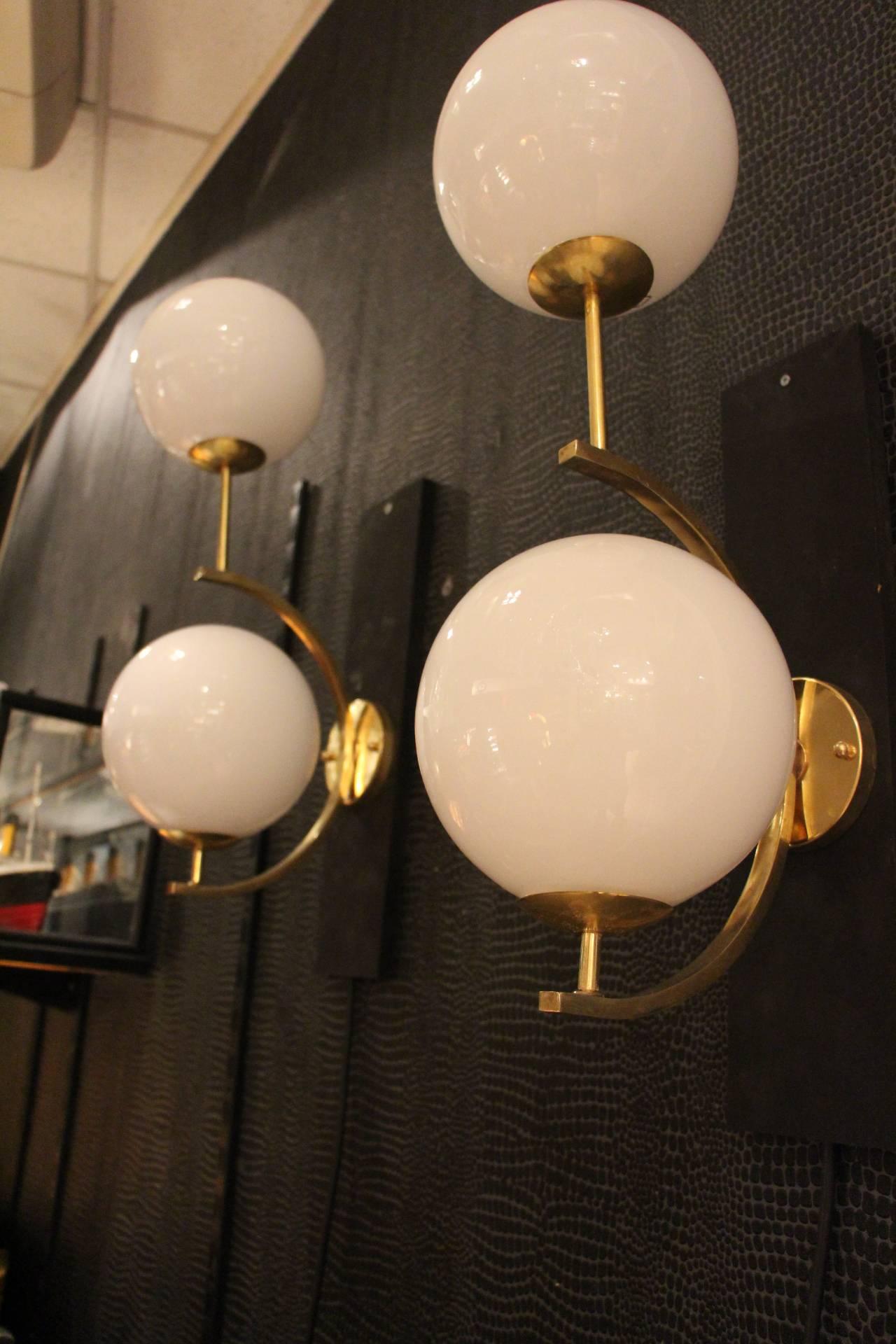 Italian Modern Midcentury Pair of Brass and White Glass Sconces 4