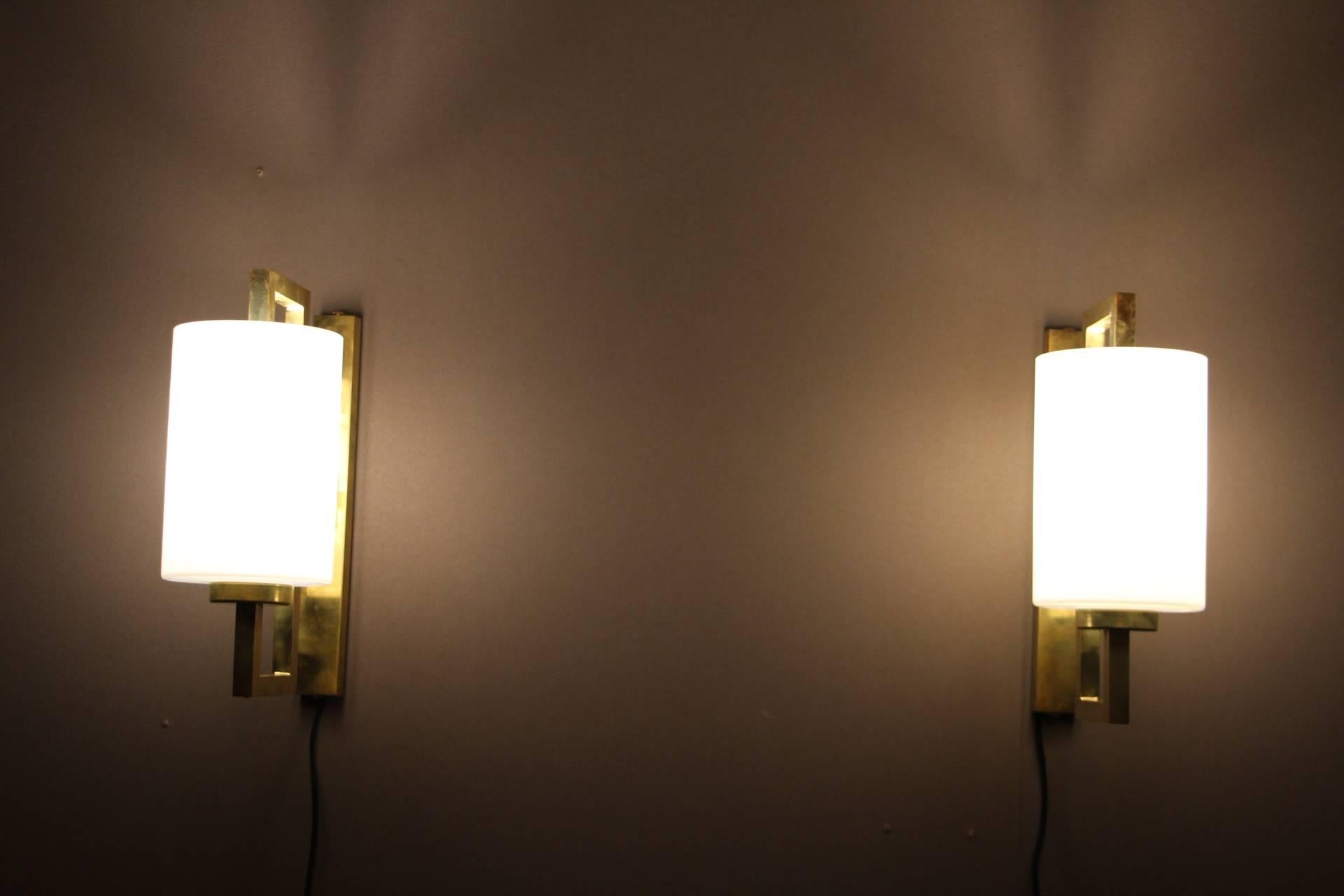 Mid-Century Modern Pair of White Murano Glass and Brass Sconces, Iridescent and Pearly Cylinder