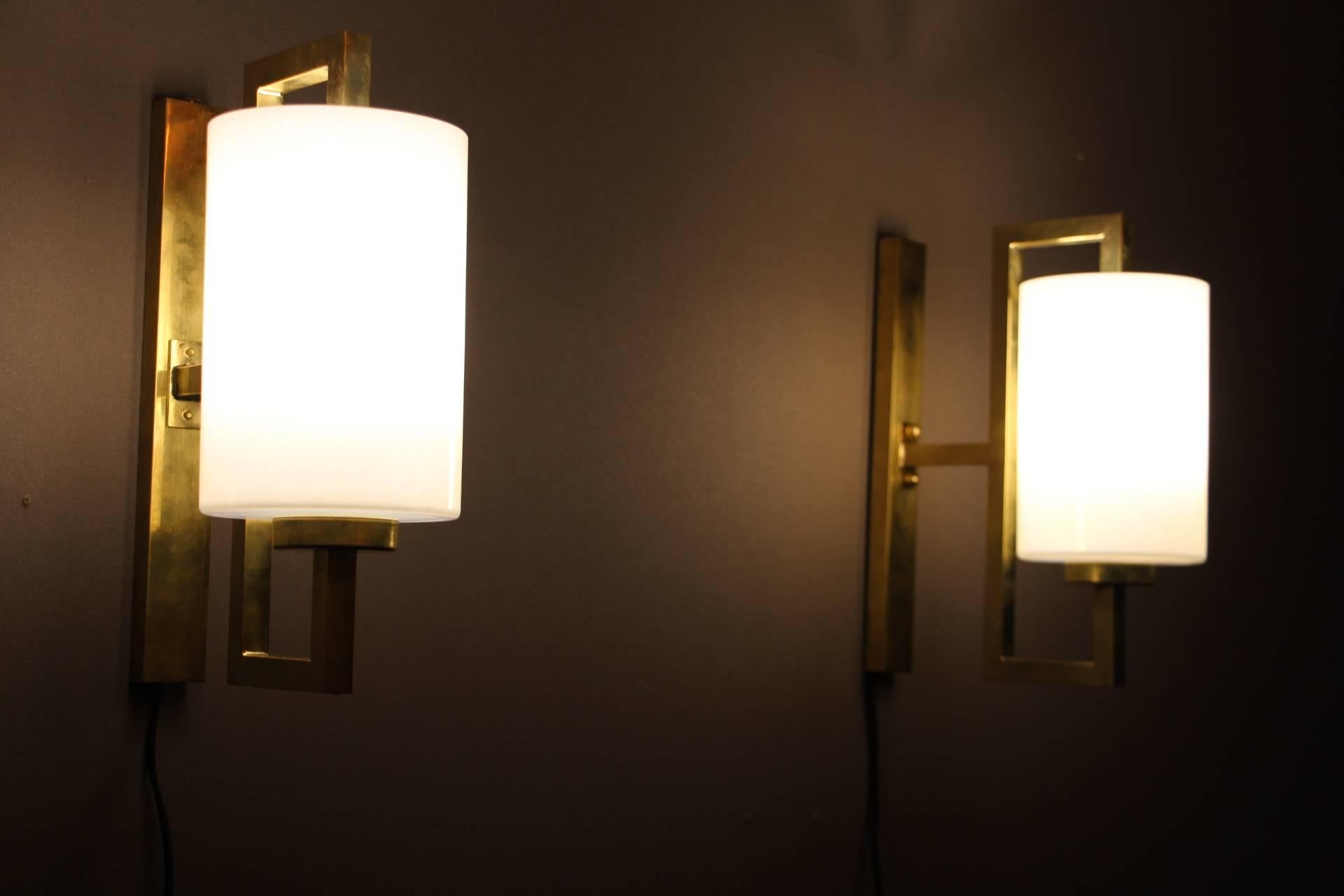 Italian Pair of White Murano Glass and Brass Sconces, Iridescent and Pearly Cylinder