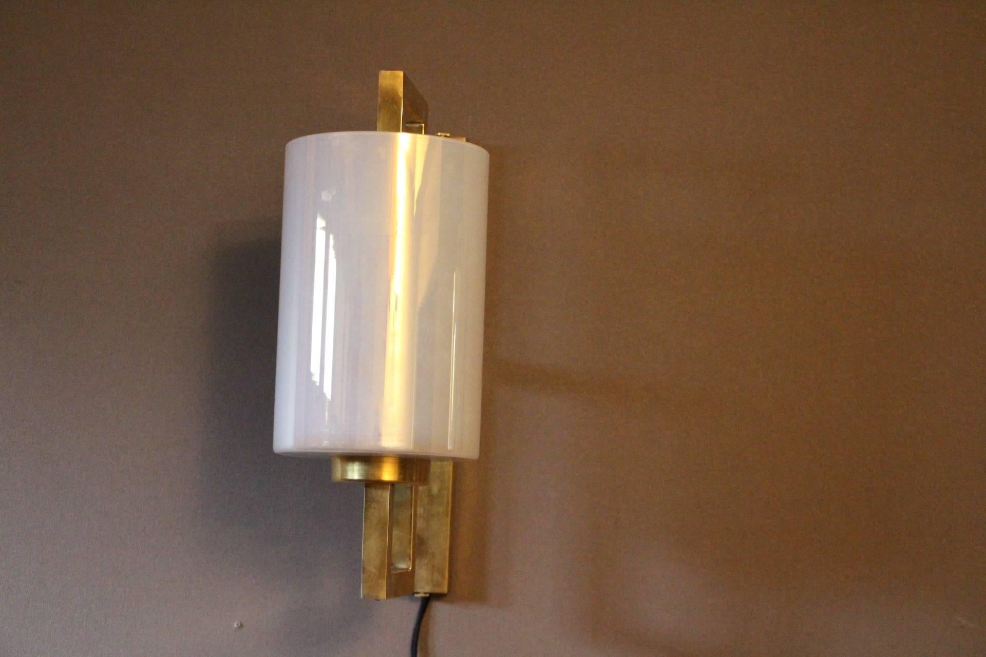 Late 20th Century Pair of White Murano Glass and Brass Sconces, Iridescent and Pearly Cylinder