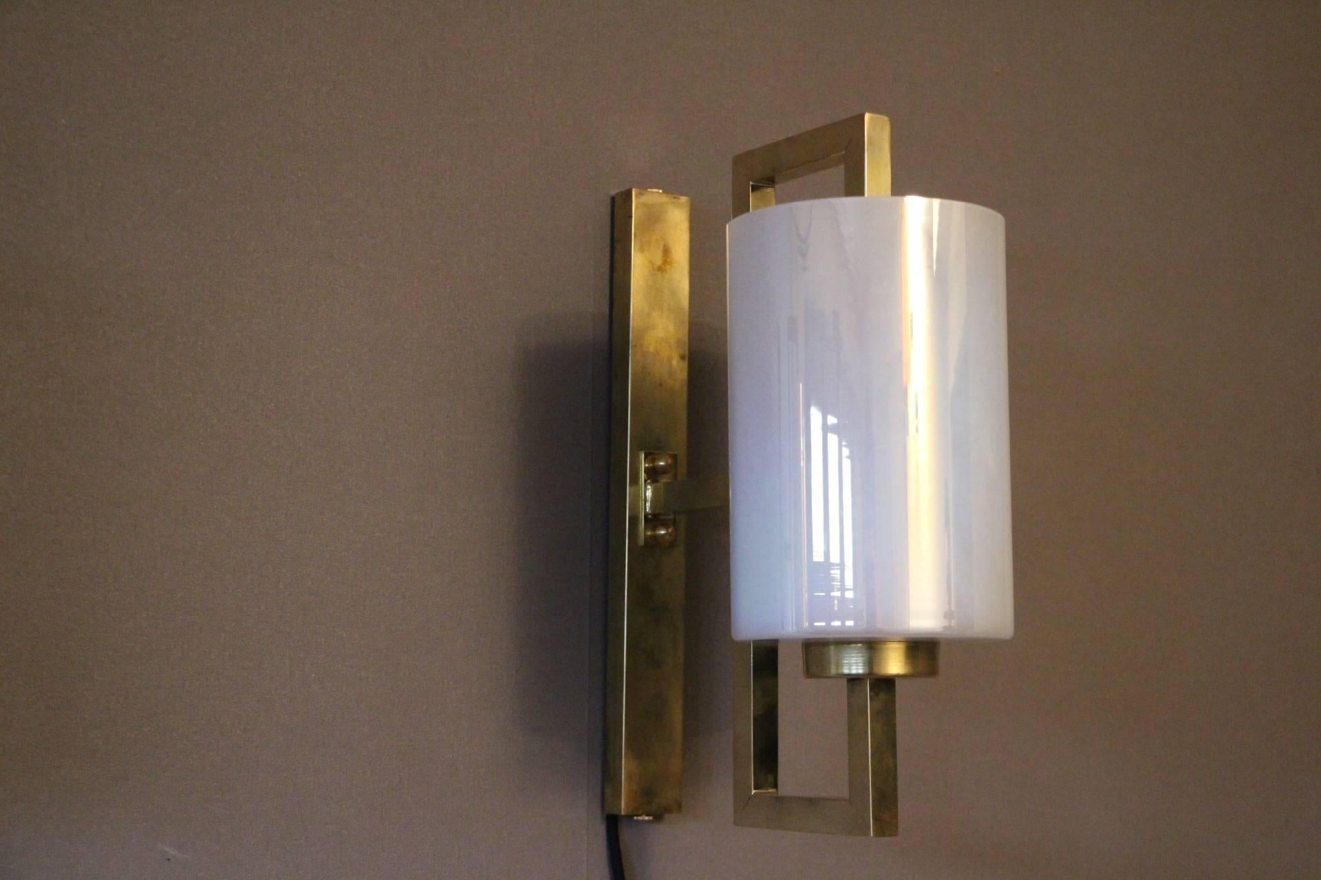 Pair of White Murano Glass and Brass Sconces, Iridescent and Pearly Cylinder 1