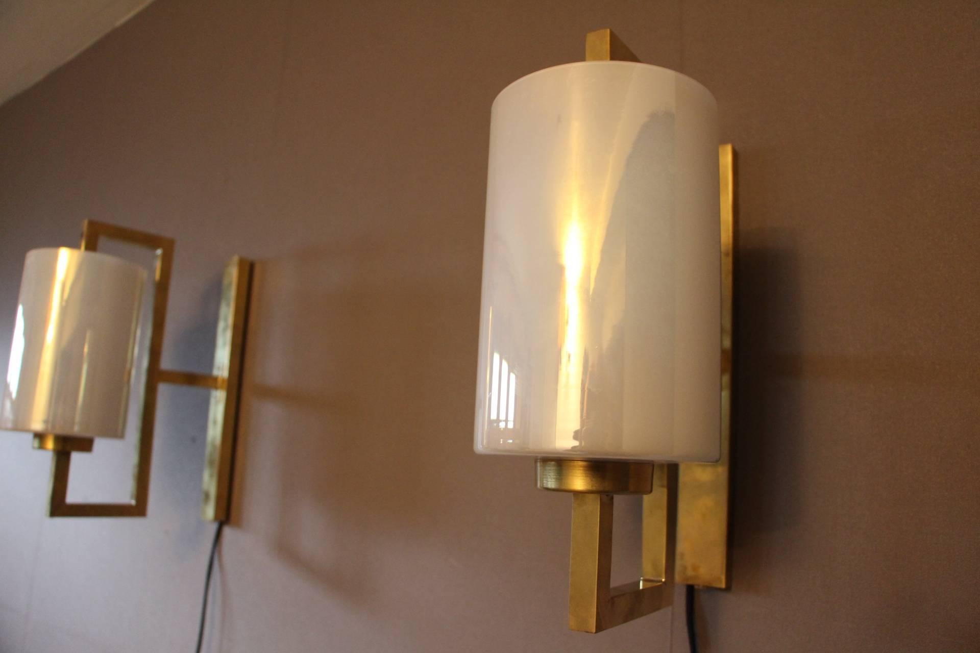 Pair of White Murano Glass and Brass Sconces, Iridescent and Pearly Cylinder 2