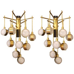 Italian Modern Midcentury Long Pair of Brass and Glass Sconces, Tall Wall Lights