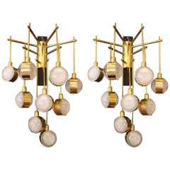 Italian Modern Midcentury Long Pair of Brass and Glass Sconces, Tall Wall Lights