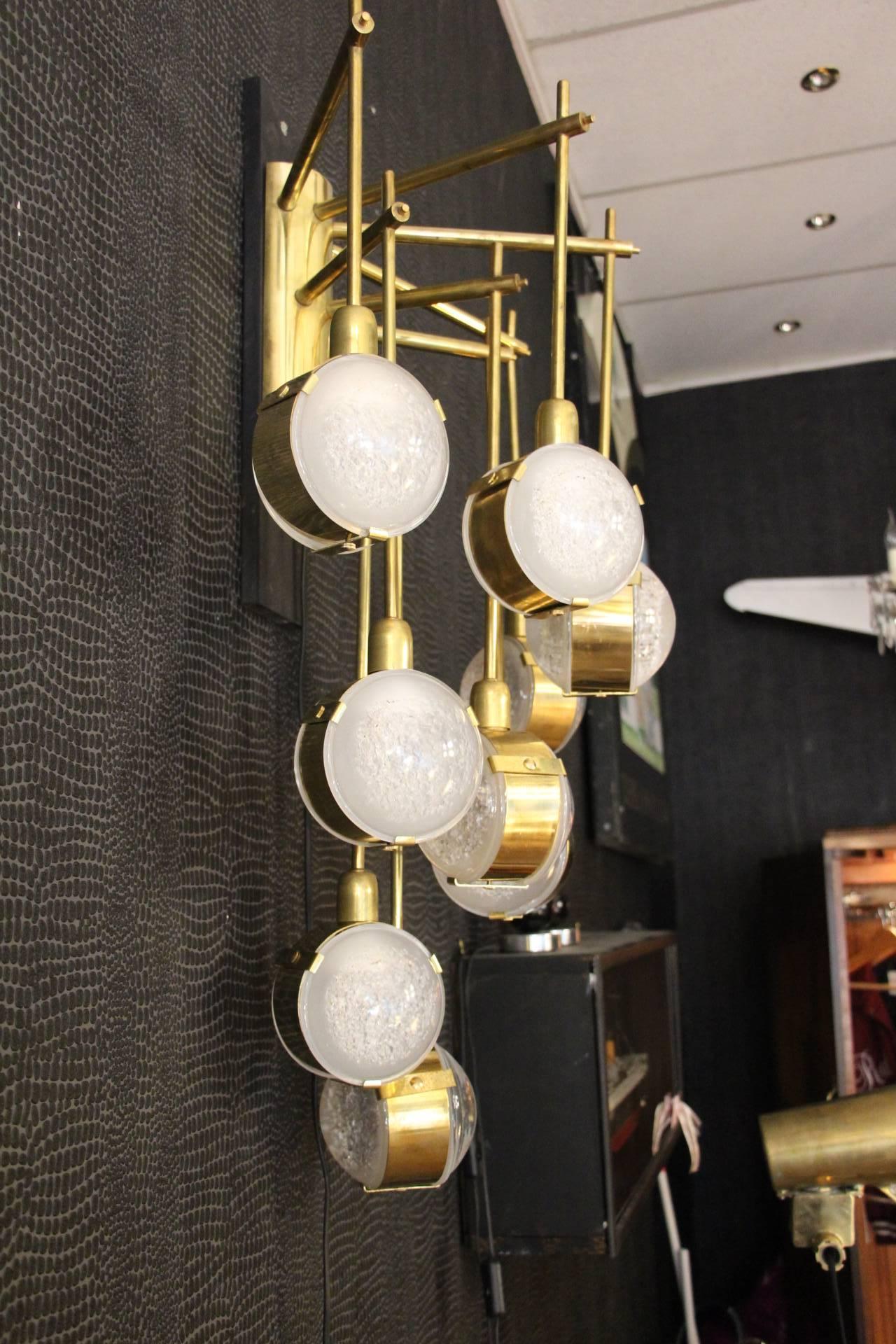 Mid-Century Modern Italian Modern Midcentury Long Pair of Brass and Glass Sconces, Tall Wall Lights