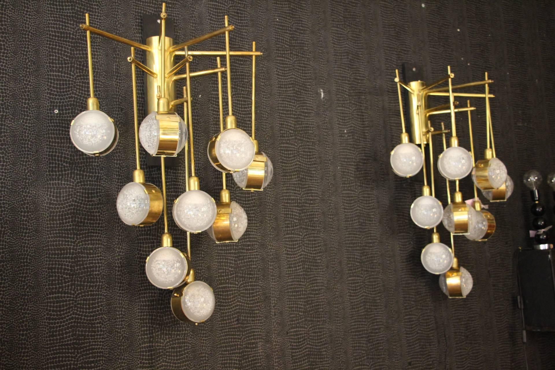 Late 20th Century Italian Modern Midcentury Long Pair of Brass and Glass Sconces, Tall Wall Lights