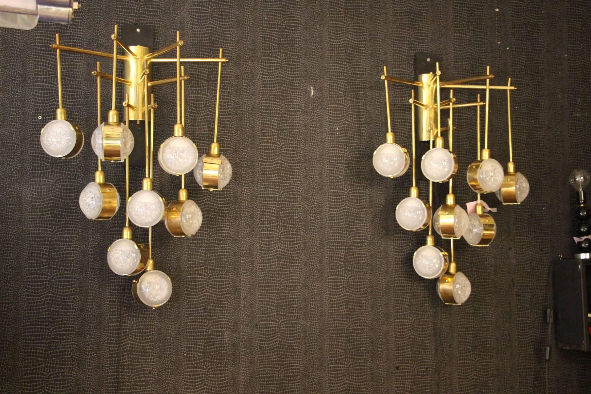 Italian Modern Midcentury Long Pair of Brass and Glass Sconces, Tall Wall Lights 1
