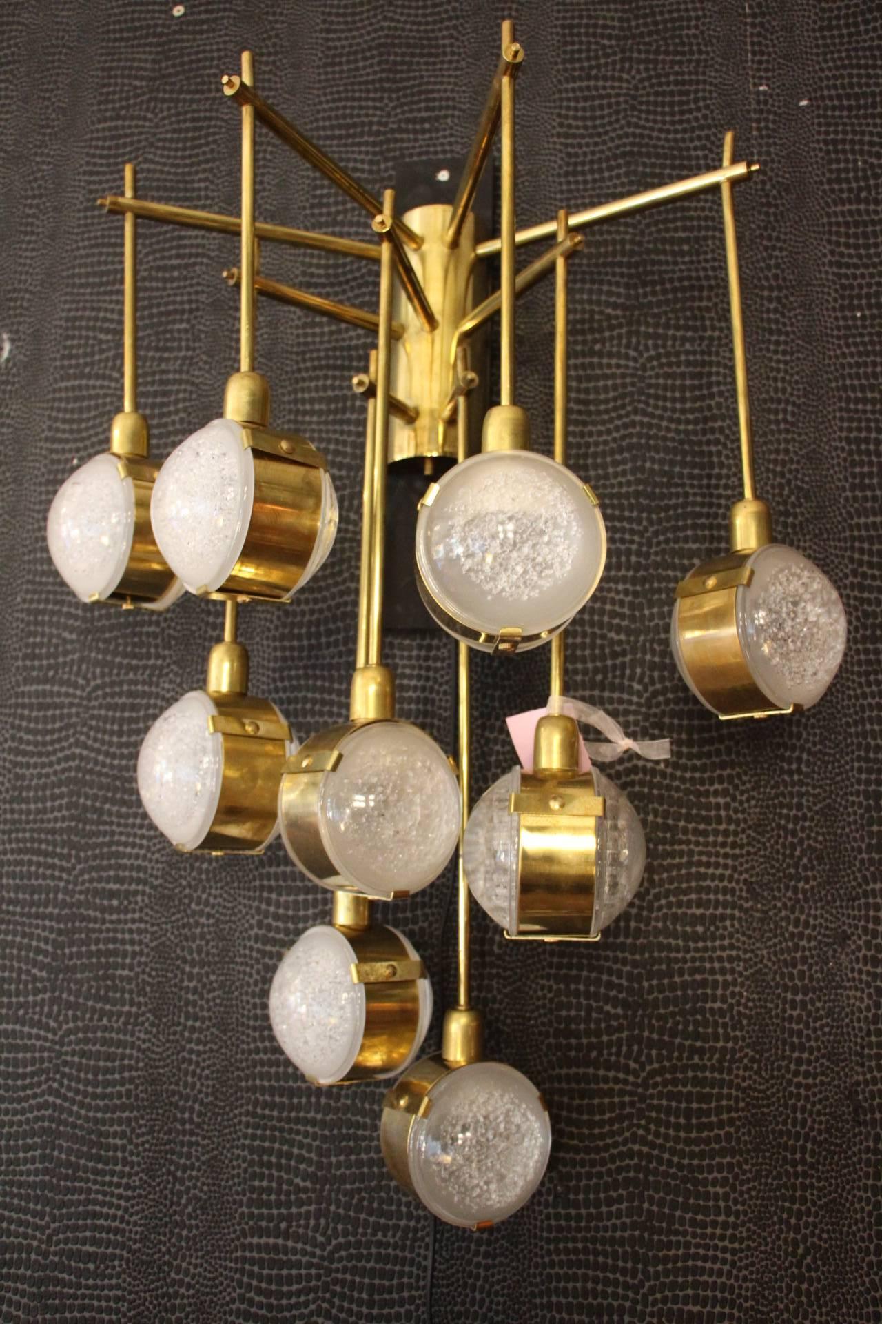 Italian Modern Midcentury Long Pair of Brass and Glass Sconces, Tall Wall Lights 4