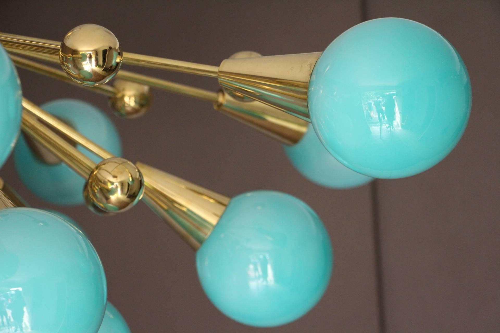Half Sputnik Turquoise Blue Murano Glass Globes Chandelier In Excellent Condition In Saint-Ouen, FR