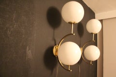 Italian Modern Midcentury Pair of Brass and White Glass Sconces, Wall Lights