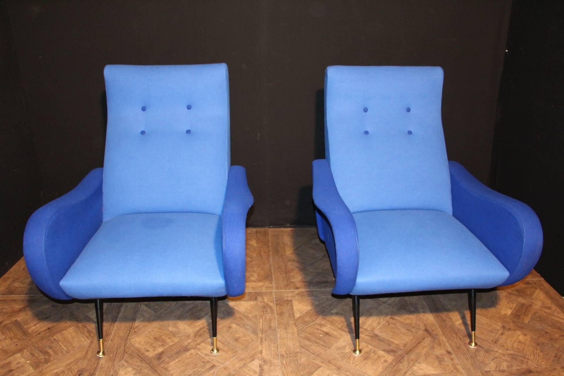 Italian Pair of Blue Mid-Century Chairs In The Style Of Zanuso In Excellent Condition In Saint-Ouen, FR