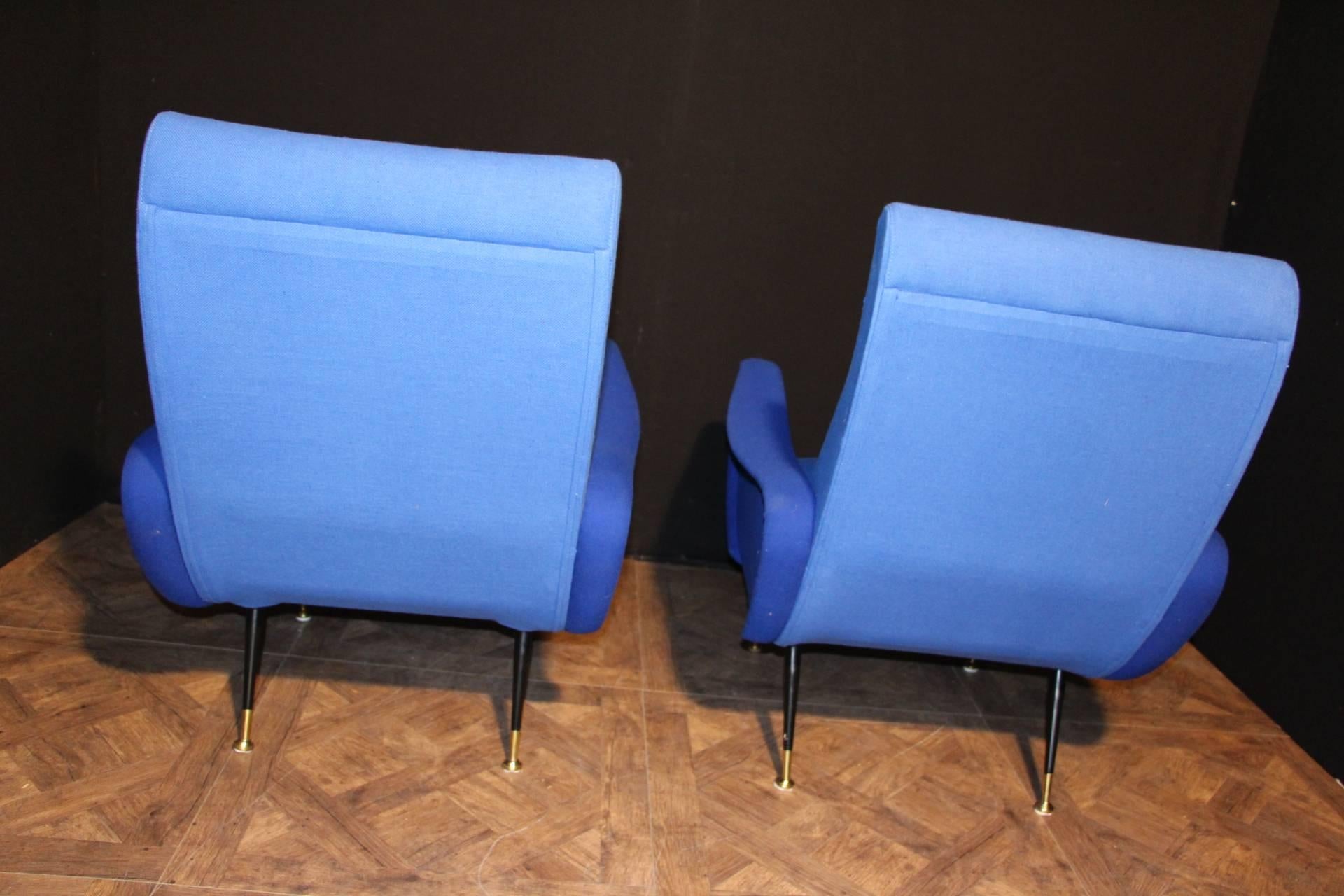 Fabric Italian Pair of Blue Mid-Century Chairs In The Style Of Zanuso