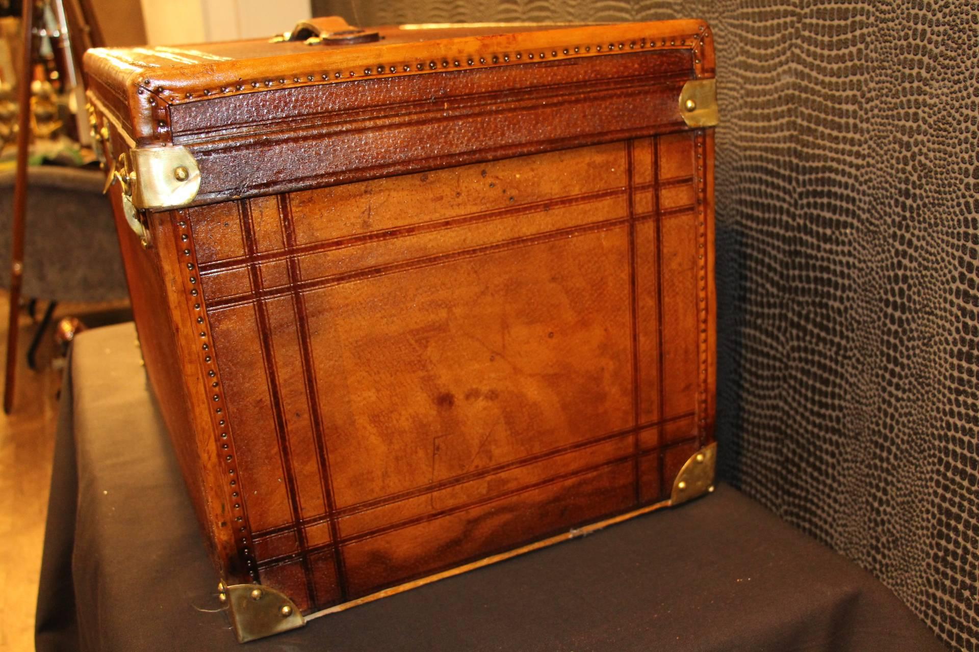 Brass  1930's French Brown Leather Rectangular Hat Trunk