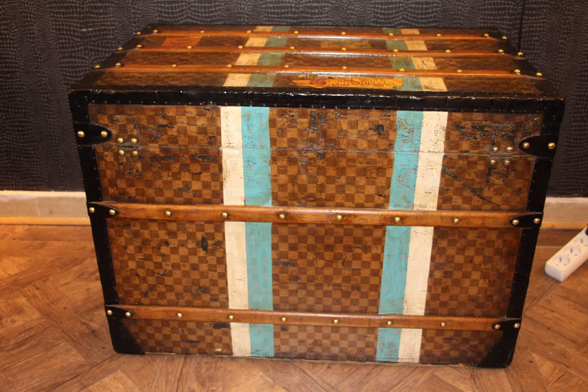 French  19th C.Louis Vuitton Damier Canvas Courrier Steamer Trunk, White and Blue Stripe