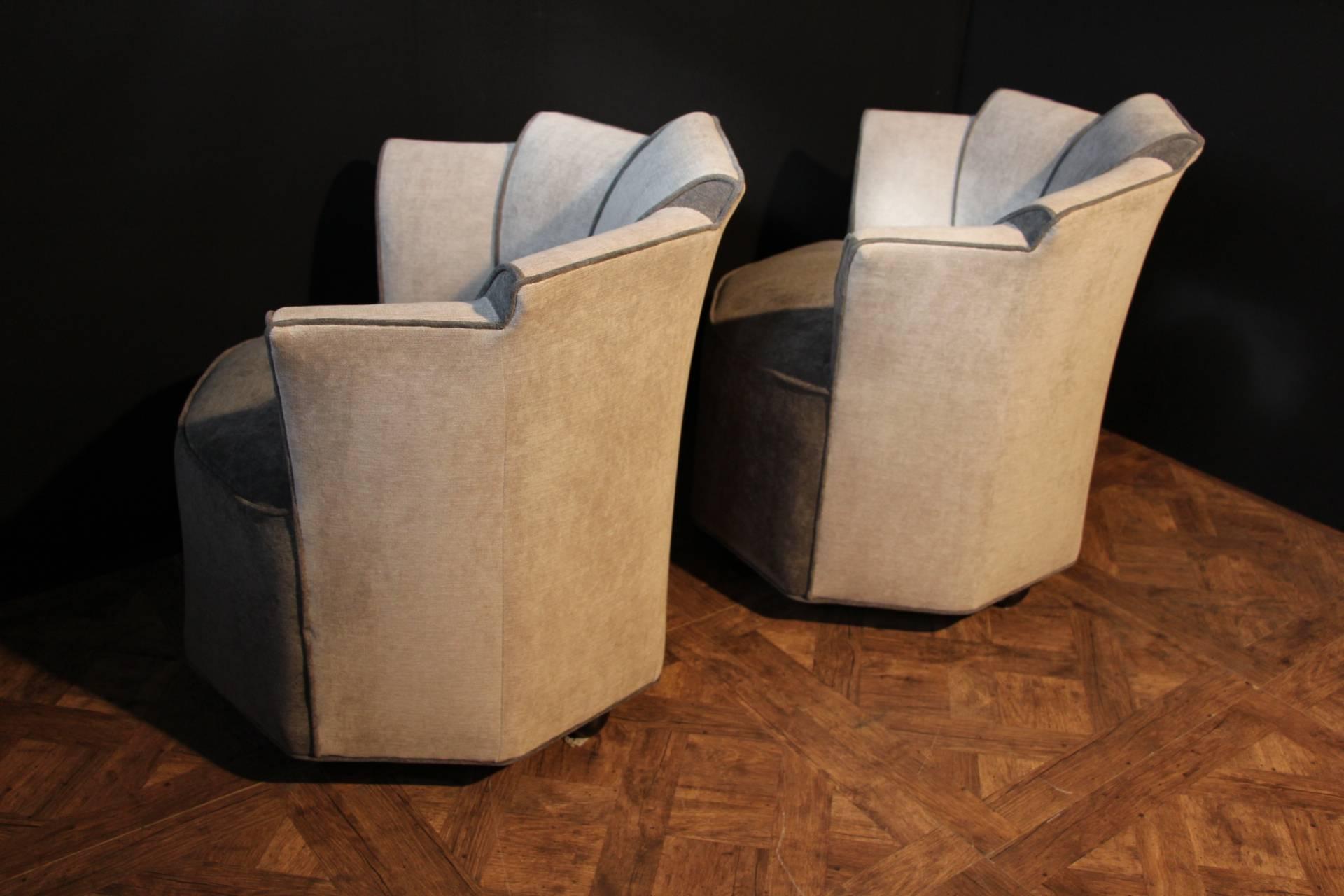 Art Deco Mid Century Pair Grey Velvet French Lounge Chairs