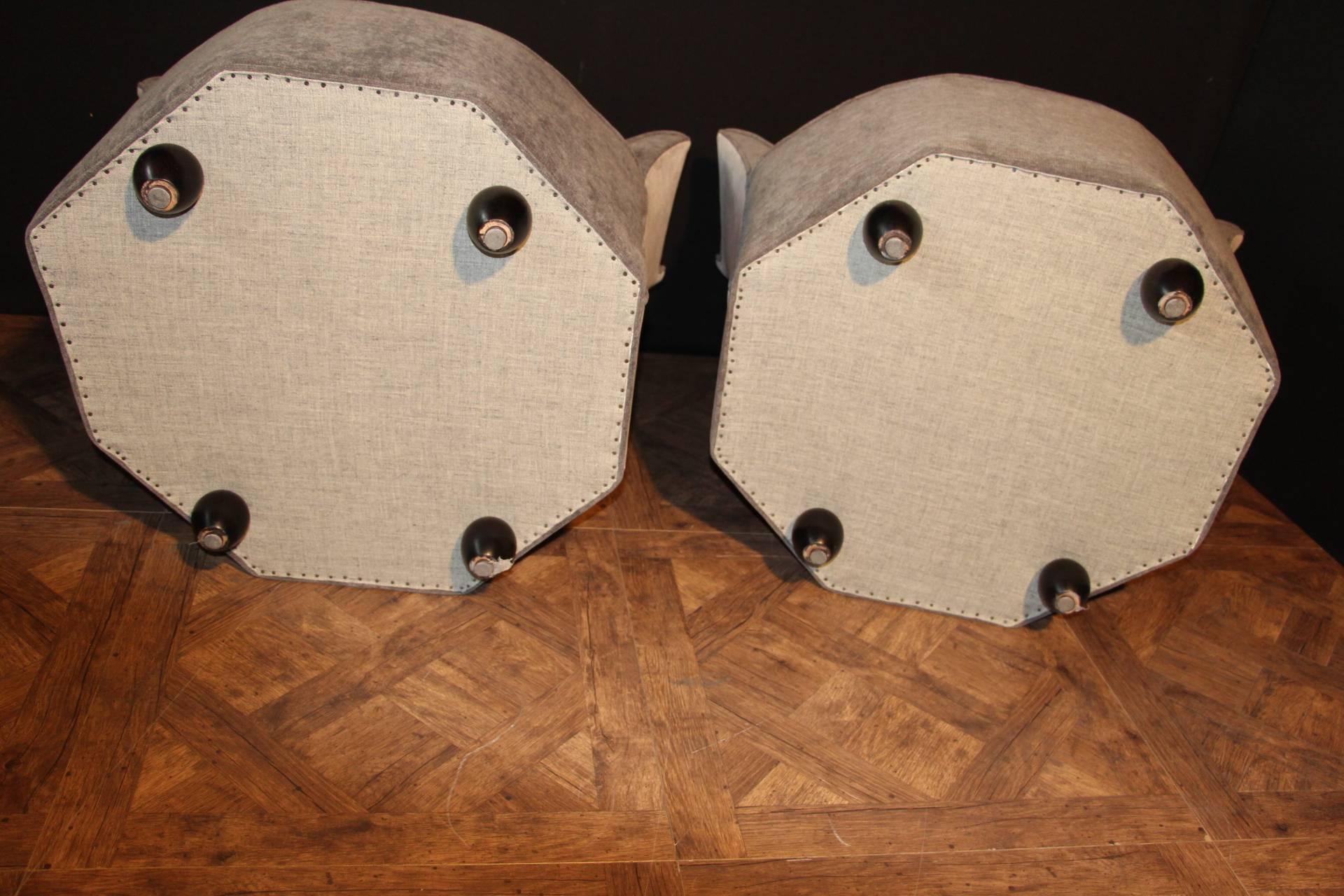 Mid Century Pair Grey Velvet French Lounge Chairs 4