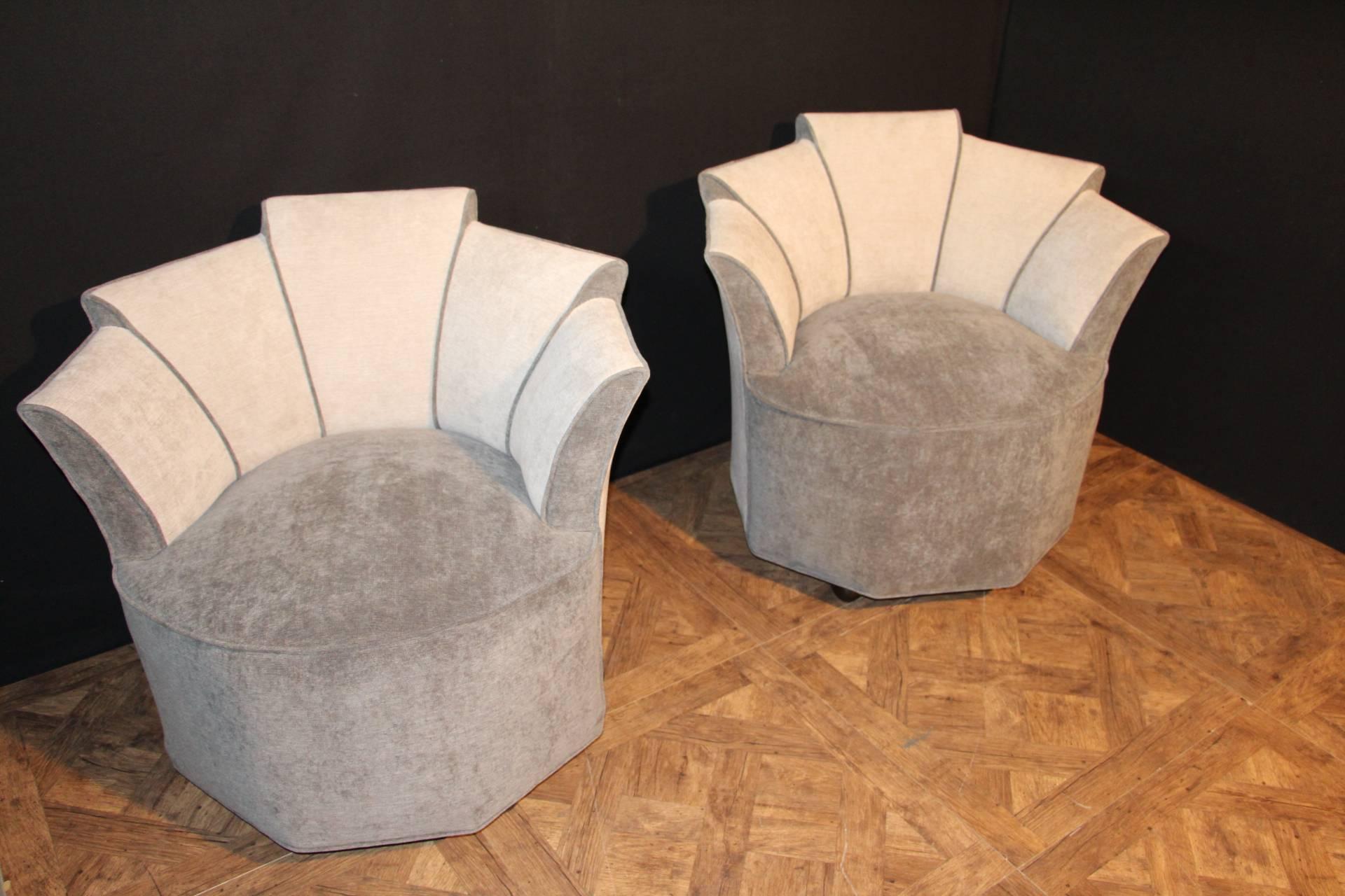 Mid Century Pair Grey Velvet French Lounge Chairs 1