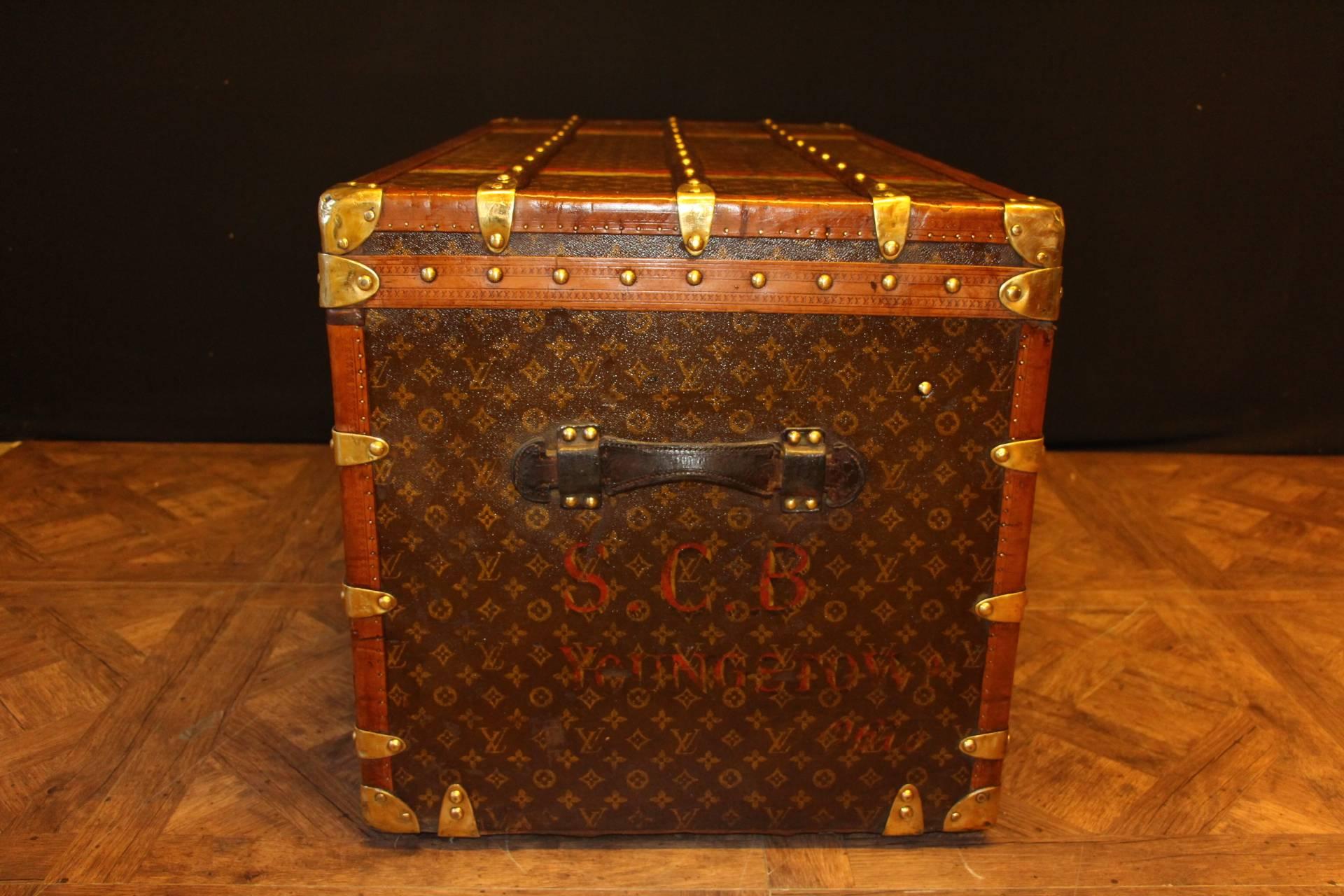 French Large 1920s Louis Vuitton Stenciled Monogramm Canvas Courrier Steamer Trunk