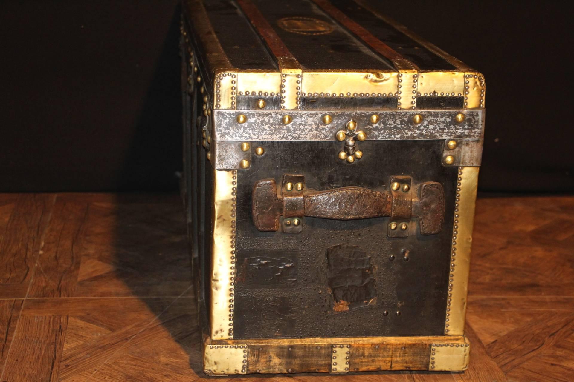 Late 19th Century 19th Century French Black Canvas And Brass Narrow Steamer Trunk