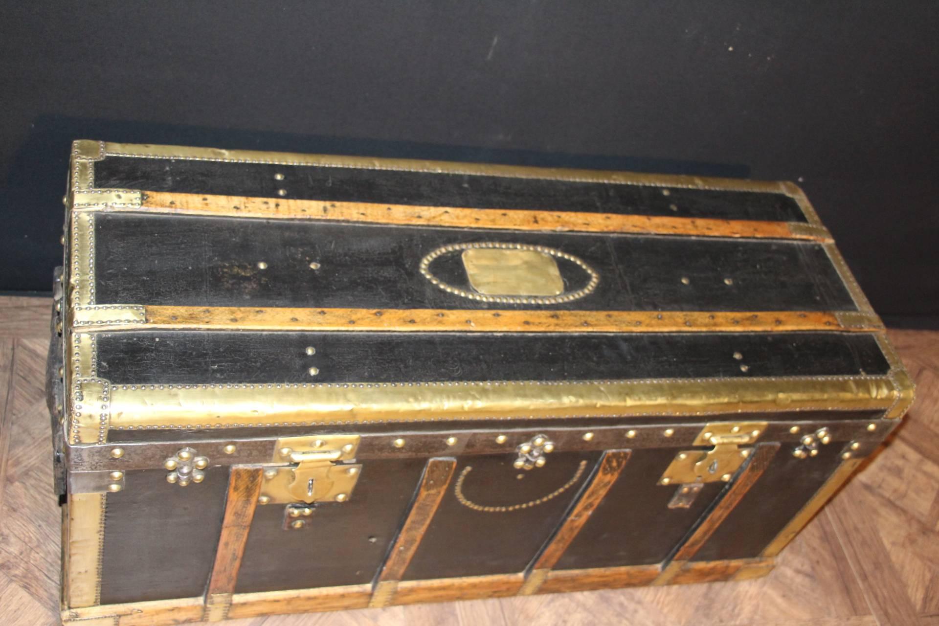 19th Century French Black Canvas And Brass Narrow Steamer Trunk 1