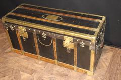 19th Century French Black Canvas And Brass Narrow Steamer Trunk