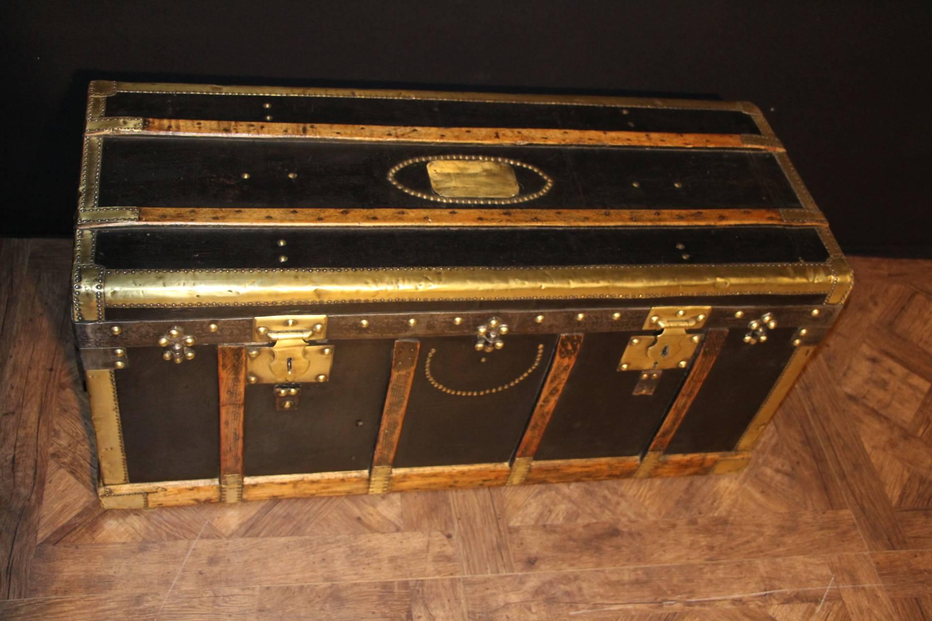 19th Century French Black Canvas And Brass Narrow Steamer Trunk 2