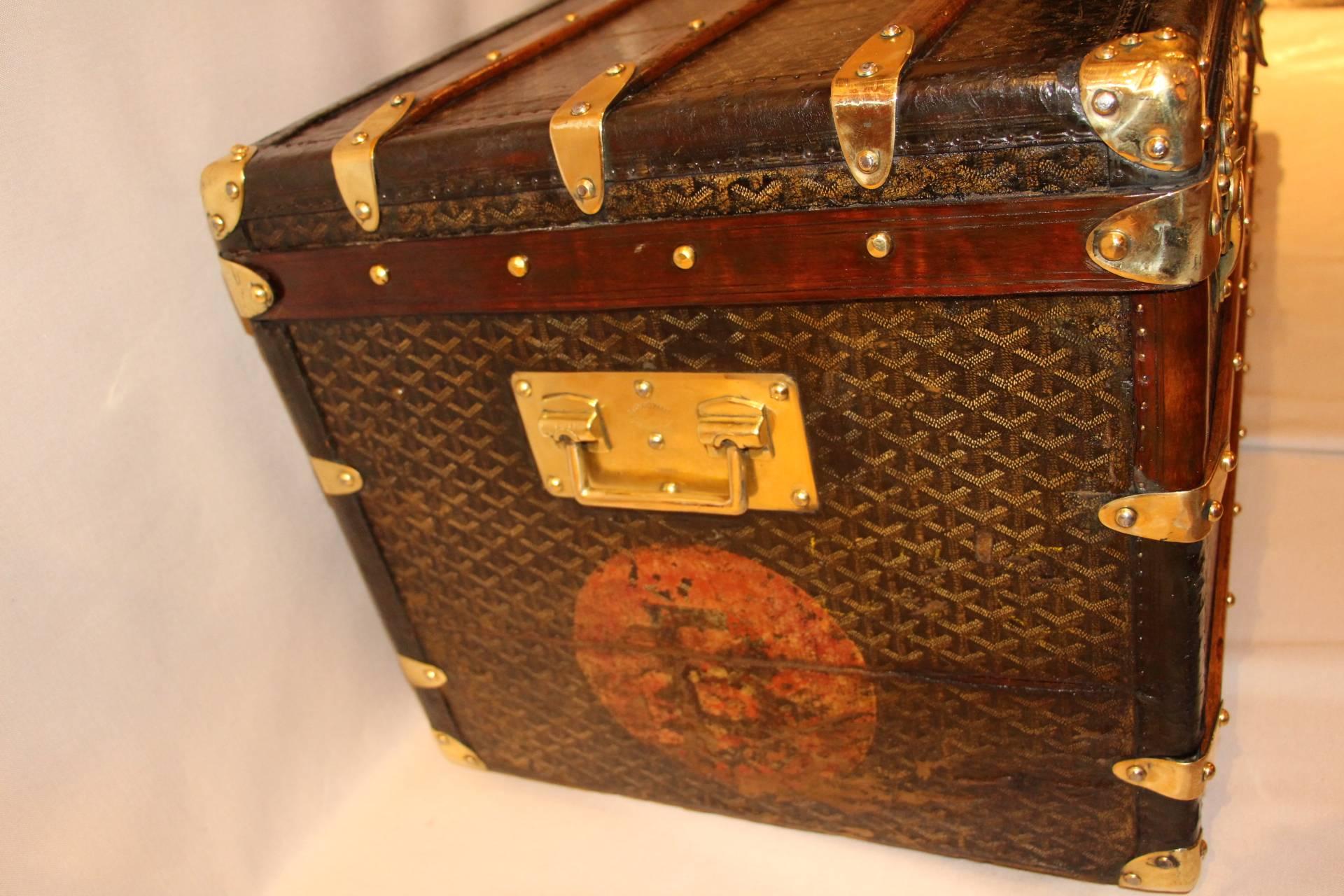 French 1920s Goyard Courrier Steamer Trunk, All Brass Fittings And Leather Trim