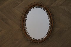 Vintage 1960s Rattan and Bamboo Oval Wall Mirror in the style of Franco Albini