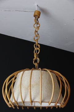 Louis Sognot Rattan Pendant Chandelier, Hand-Woven Wicker, 1950s-1960s