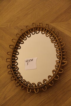 1960s Oval Rattan and Bamboo Wall Mirror in Franco Albini Style