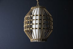 Louis Sognot Style Rattan Pendant Chandelier, Hand-Woven Wicker, 1950s-1960s