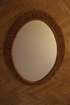 1960s Oval Rattan and Bamboo Wall Mirror in Franco Albini Style, 128 cm tall