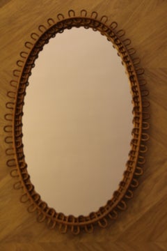 1960s Oval Rattan and Bamboo Wall Mirror in Franco Albini Style, 80 cm tall