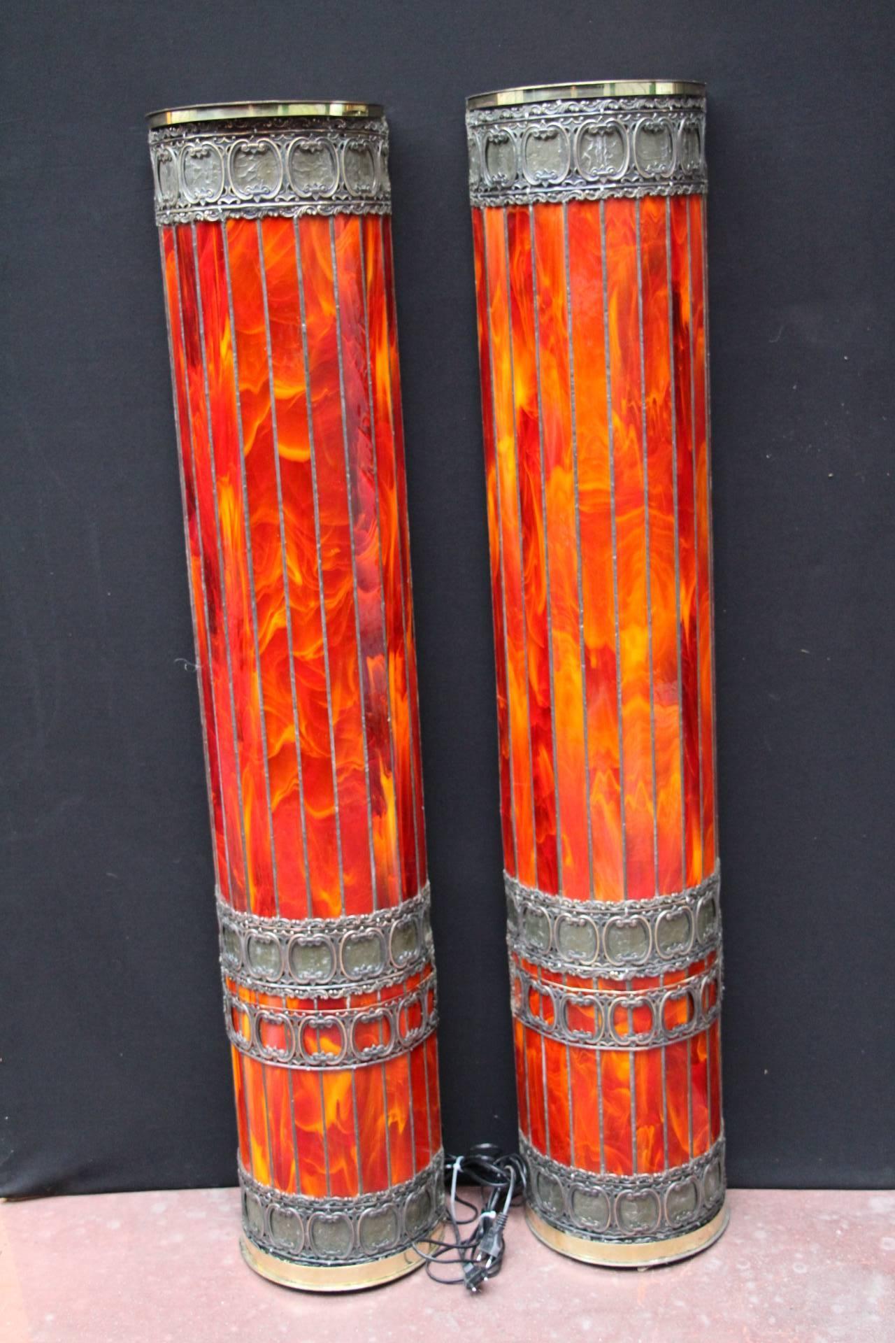 French Pair of Tall Red Glass Sconces in Tiffany Studios Style