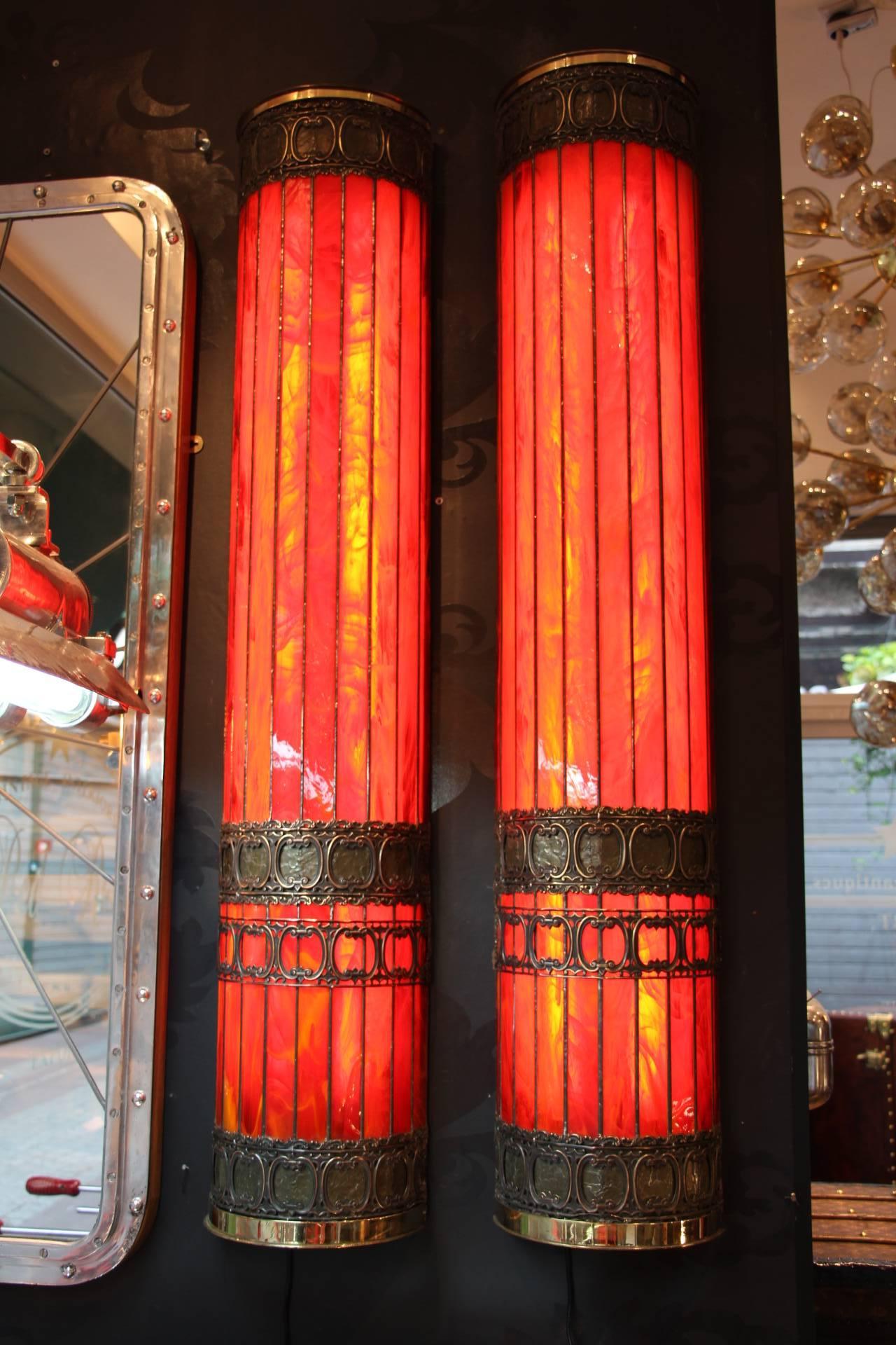 Pair of Tall Red Glass Sconces in Tiffany Studios Style 3