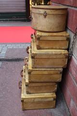 Set of Vellum Pieces of Luggage, Five Vellum Suitcases and One Round Hat Box