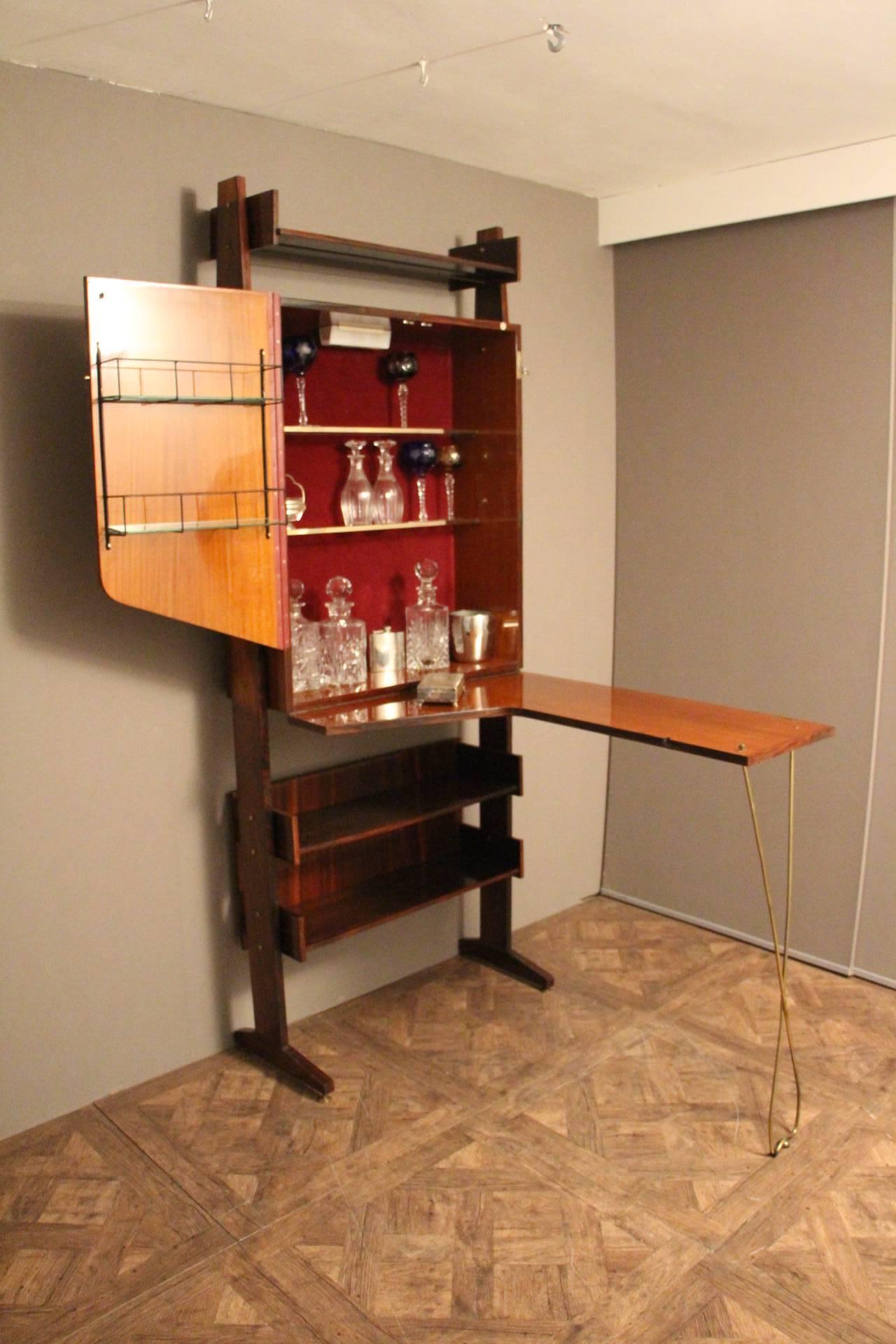 Mid-Century Modern Midcentury Italian Dry Bar Cabinet, Fold Out Bar Top in the Style of Borsani