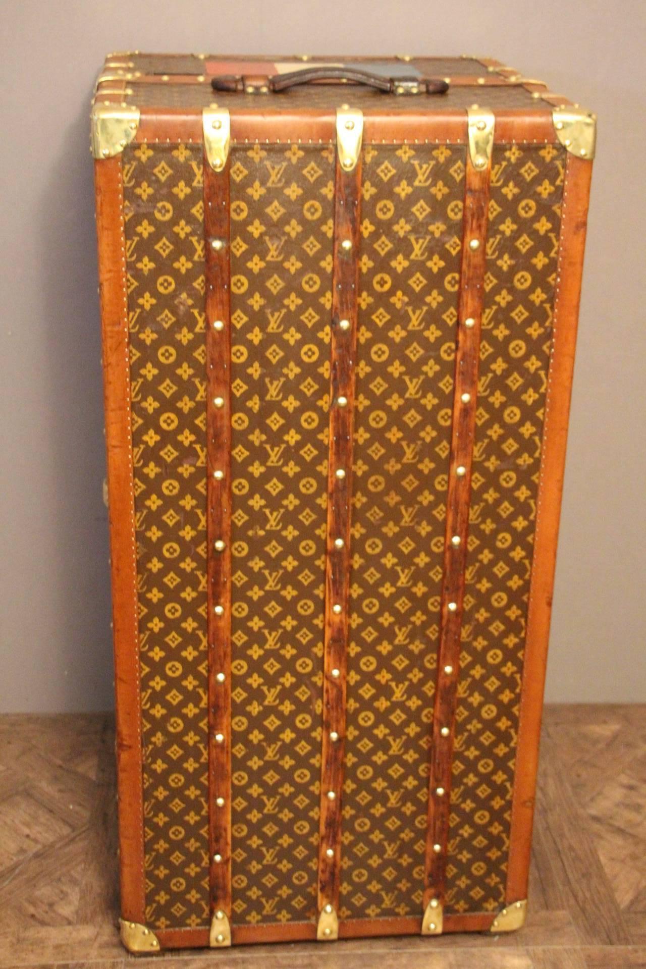 Early 20th Century 1930s Louis Vuitton Monogram Canvas and Brass Fittings Wardrobe Steamer Trunk